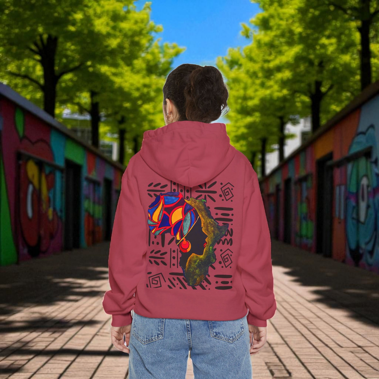 Boho African Continent Graphic Hoodie, Hand Drawn Unisex Garment-Dyed Hoodie