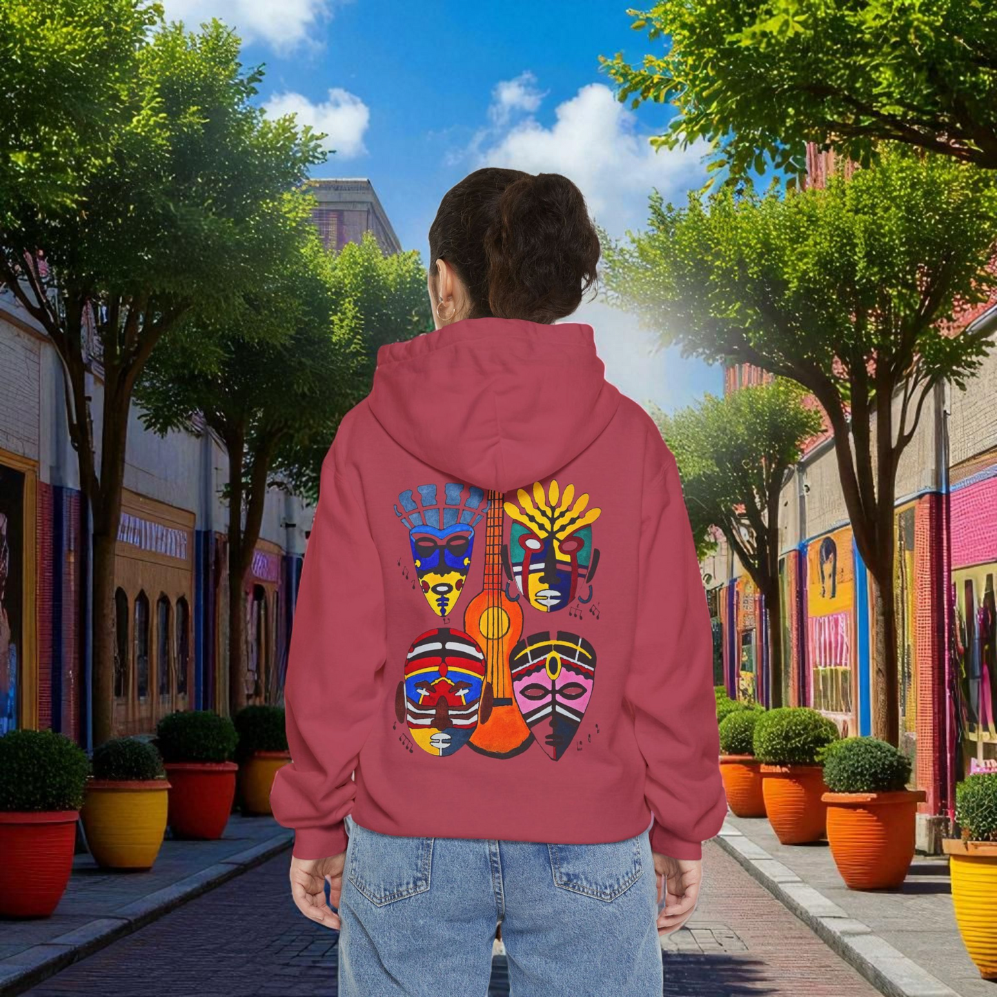 Ethnic Music Art Unisex Garment-Dyed Hoodie, Handcrafted Hooded Sweater