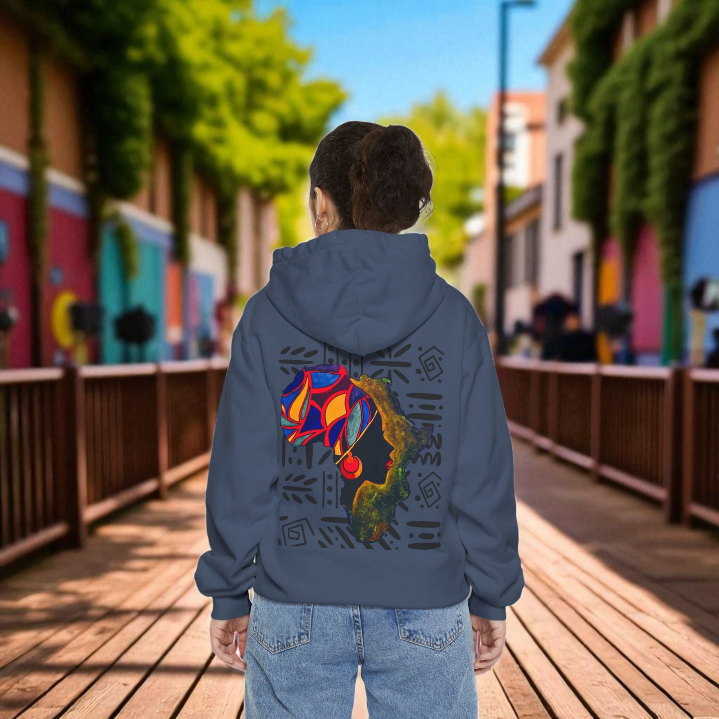Boho African Continent Graphic Hoodie, Hand Drawn Unisex Garment-Dyed Hoodie