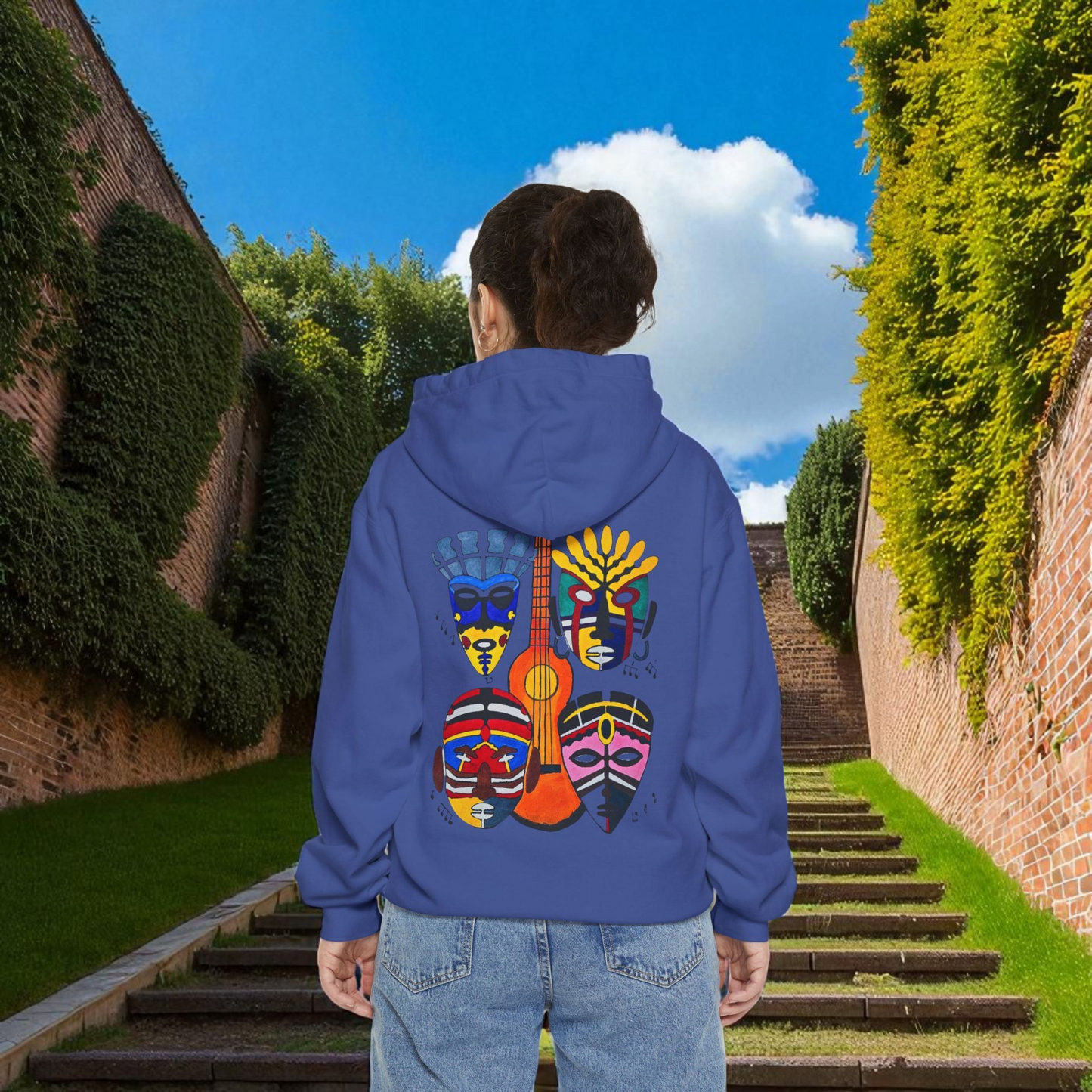 Ethnic Music Art Unisex Garment-Dyed Hoodie, Handcrafted Hooded Sweater