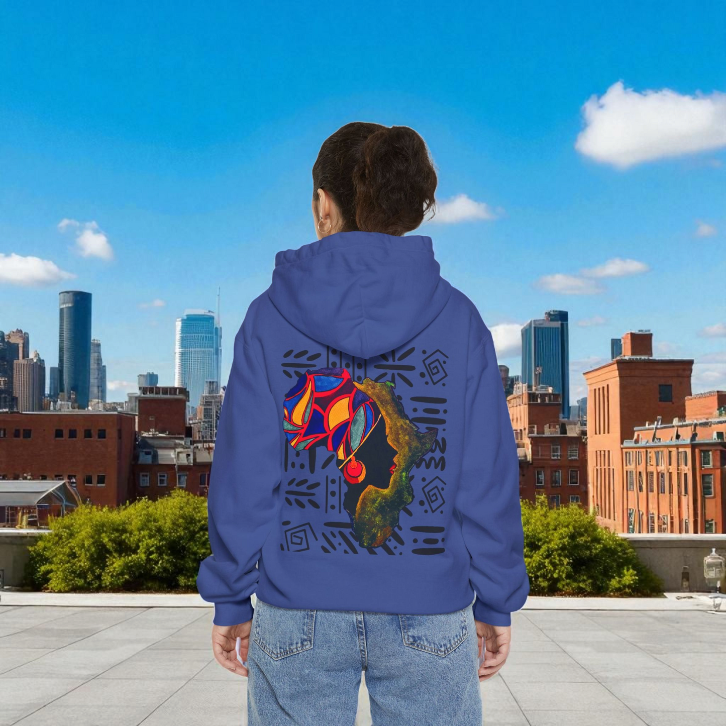 Boho African Continent Graphic Hoodie, Hand Drawn Unisex Garment-Dyed Hoodie
