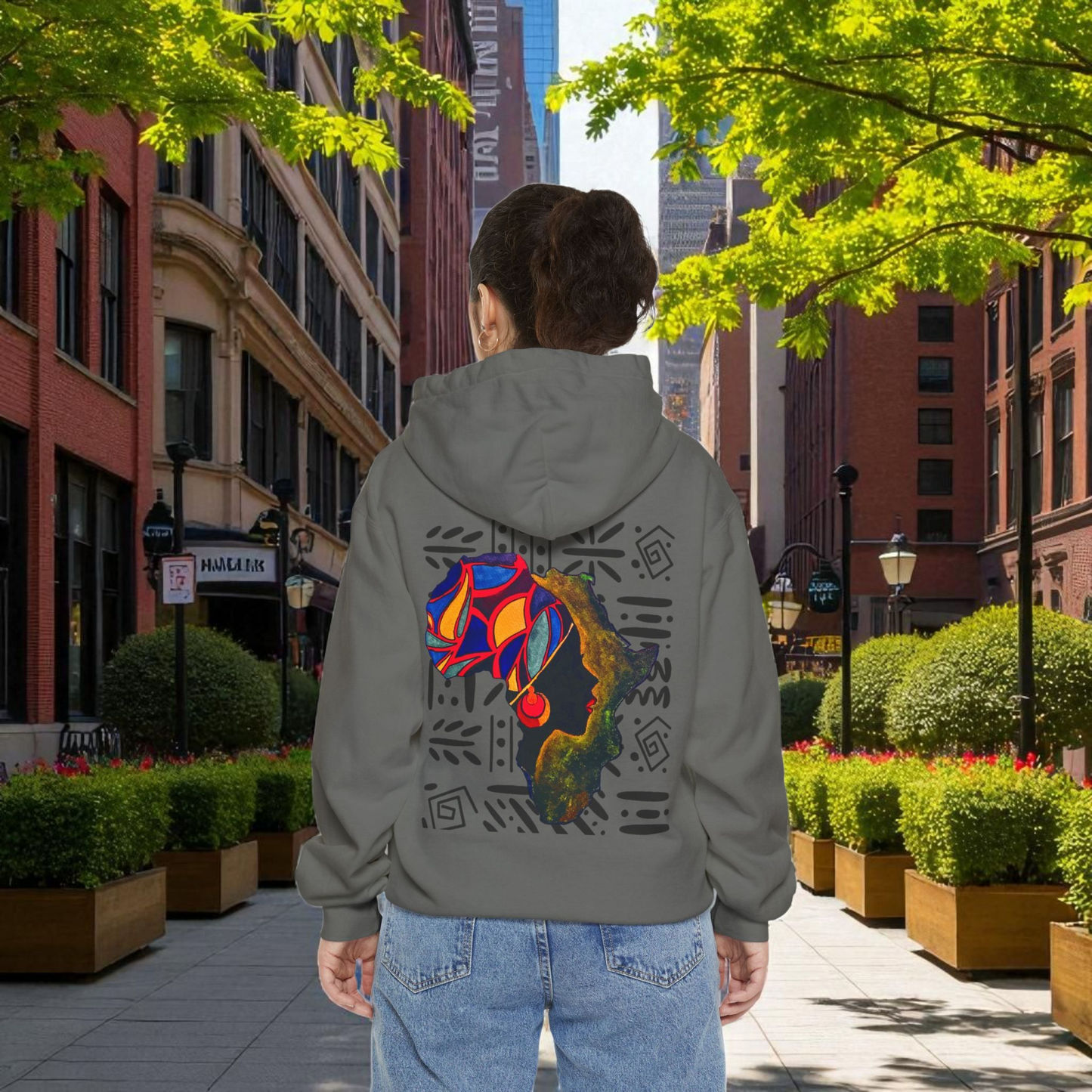 Boho African Continent Graphic Hoodie, Hand Drawn Unisex Garment-Dyed Hoodie