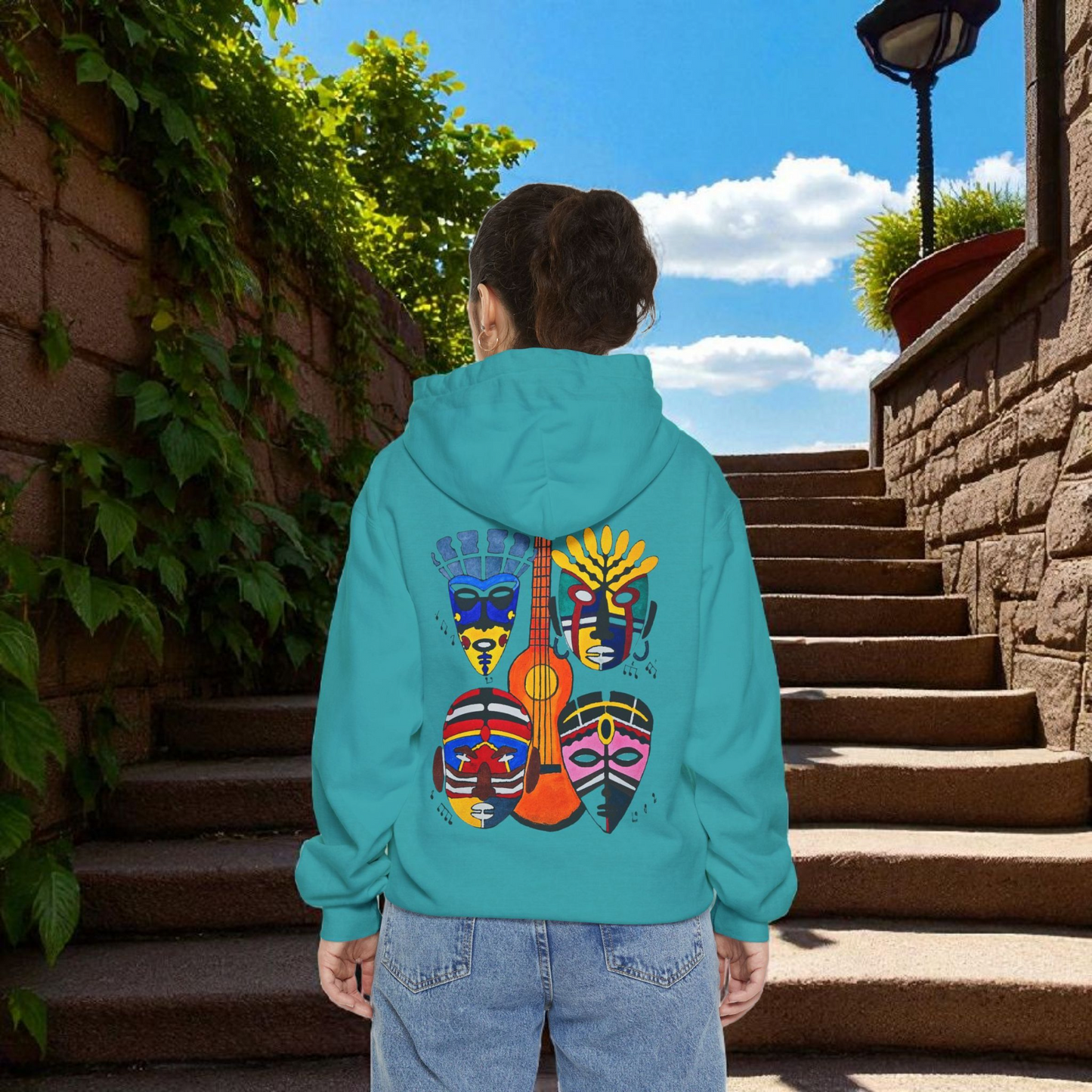Ethnic Music Art Unisex Garment-Dyed Hoodie, Handcrafted Hooded Sweater