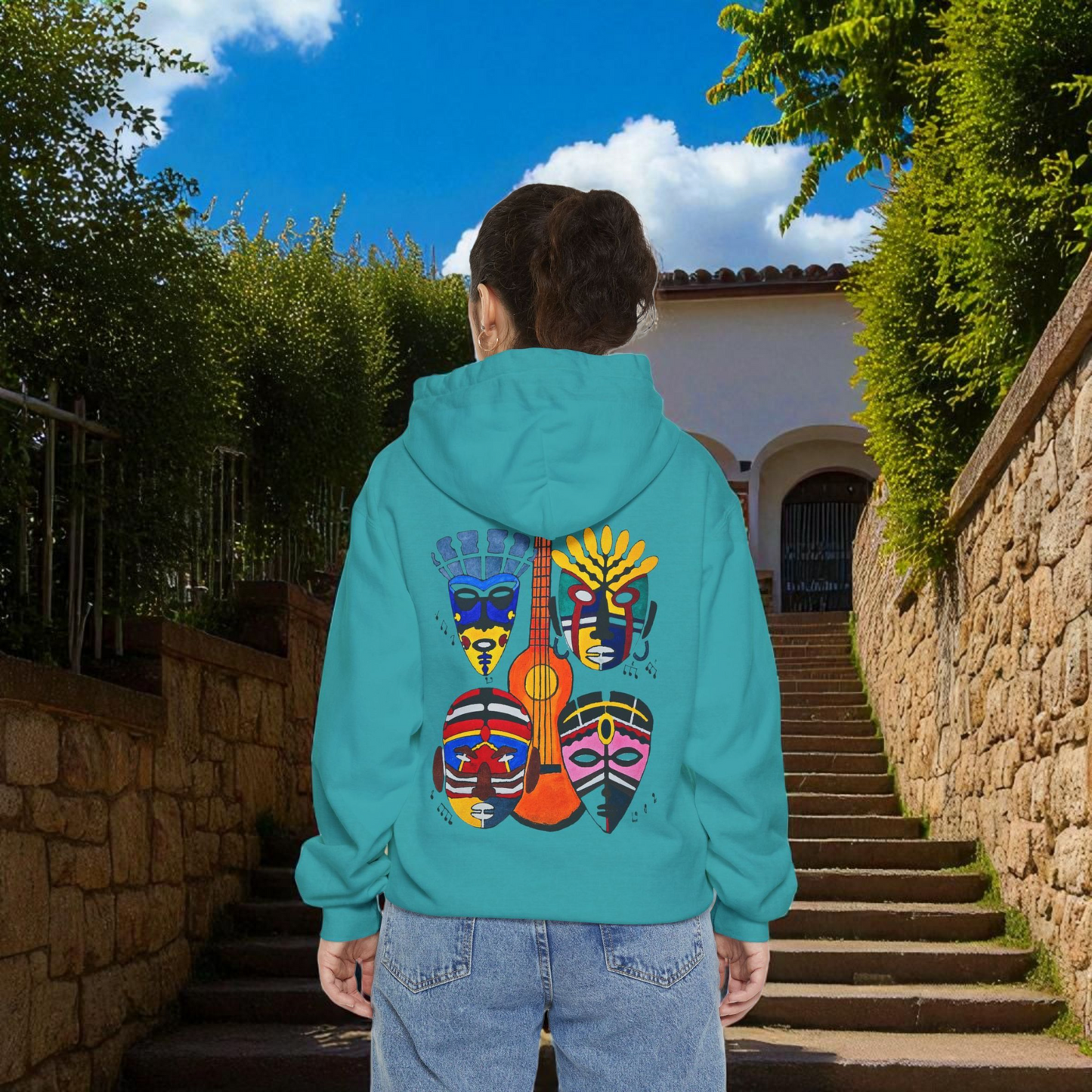 Ethnic Music Art Unisex Garment-Dyed Hoodie, Handcrafted Hooded Sweater