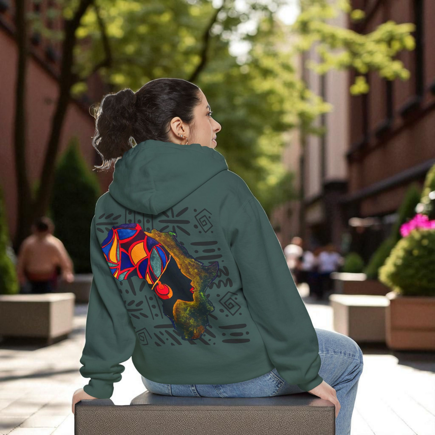 Boho African Continent Graphic Hoodie, Hand Drawn Unisex Garment-Dyed Hoodie