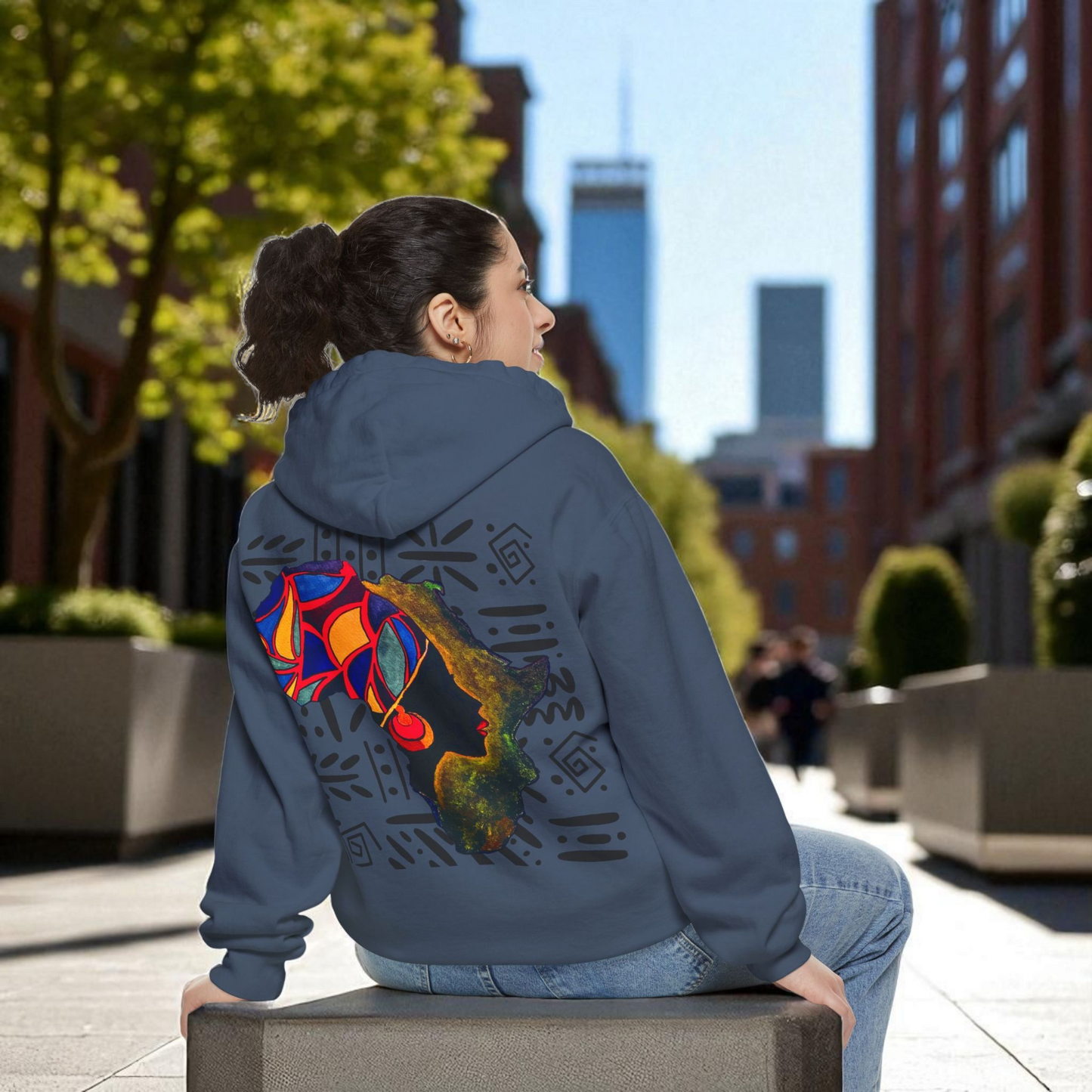 Boho African Continent Graphic Hoodie, Hand Drawn Unisex Garment-Dyed Hoodie