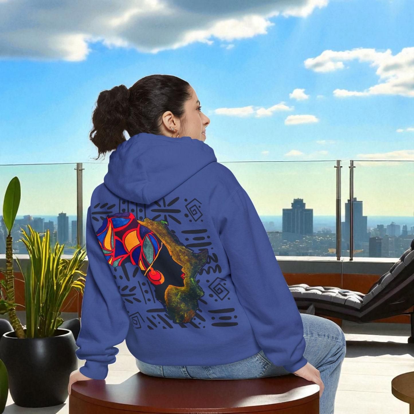 Boho African Continent Graphic Hoodie, Hand Drawn Unisex Garment-Dyed Hoodie