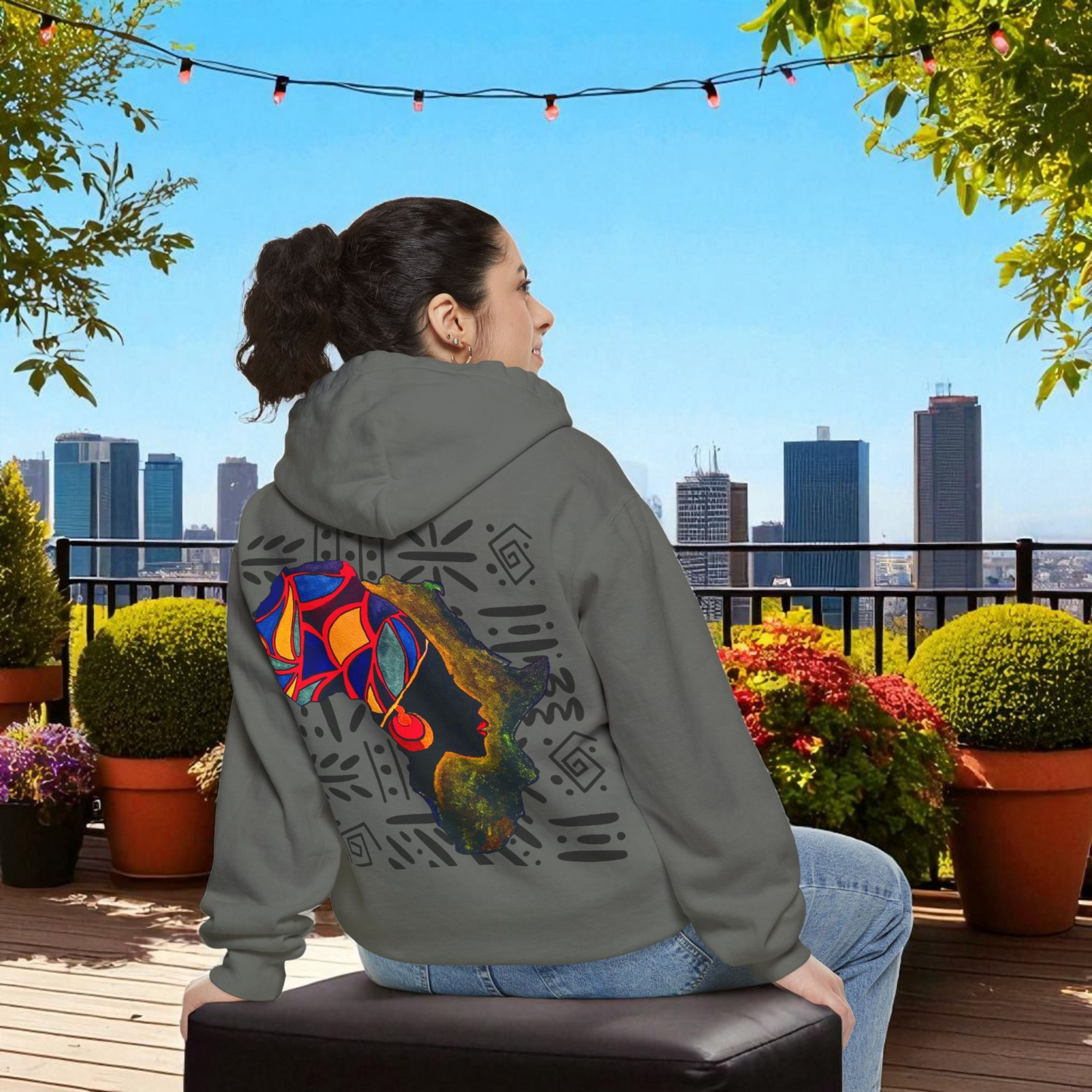 Boho African Continent Graphic Hoodie, Hand Drawn Unisex Garment-Dyed Hoodie