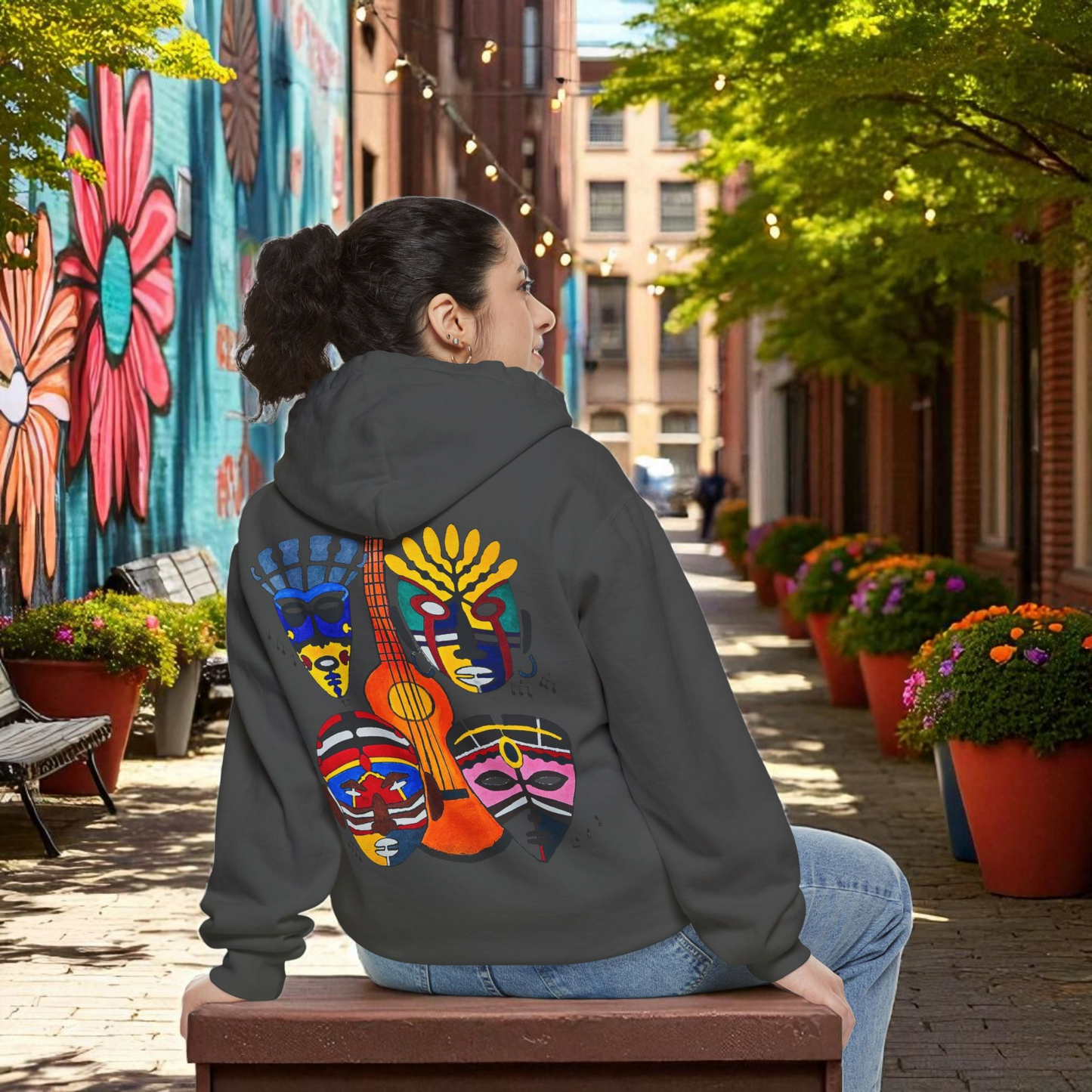 Ethnic Music Art Unisex Garment-Dyed Hoodie, Handcrafted Hooded Sweater