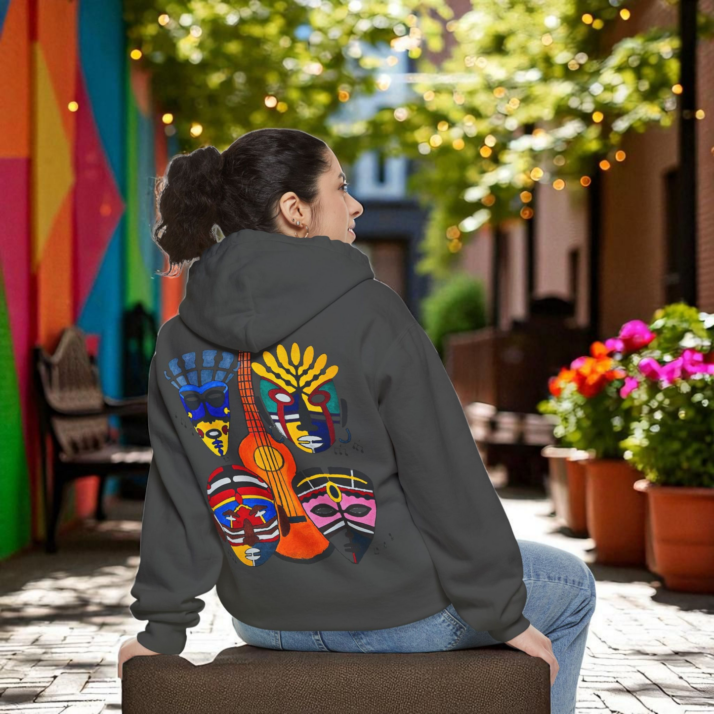 Ethnic Music Art Unisex Garment-Dyed Hoodie, Handcrafted Hooded Sweater