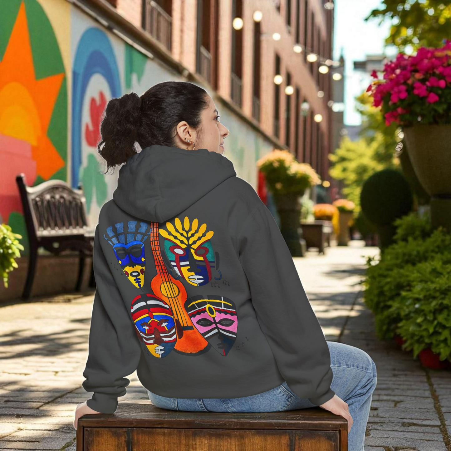Ethnic Music Art Unisex Garment-Dyed Hoodie, Handcrafted Hooded Sweater