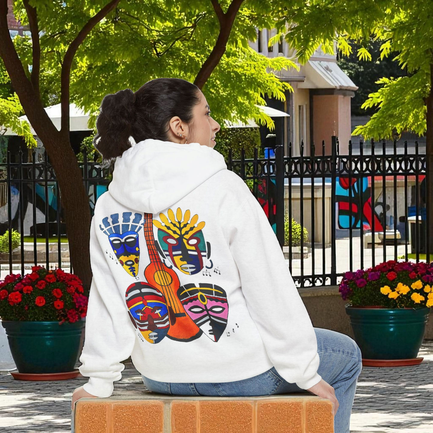 Ethnic Music Art Unisex Garment-Dyed Hoodie, Handcrafted Hooded Sweater