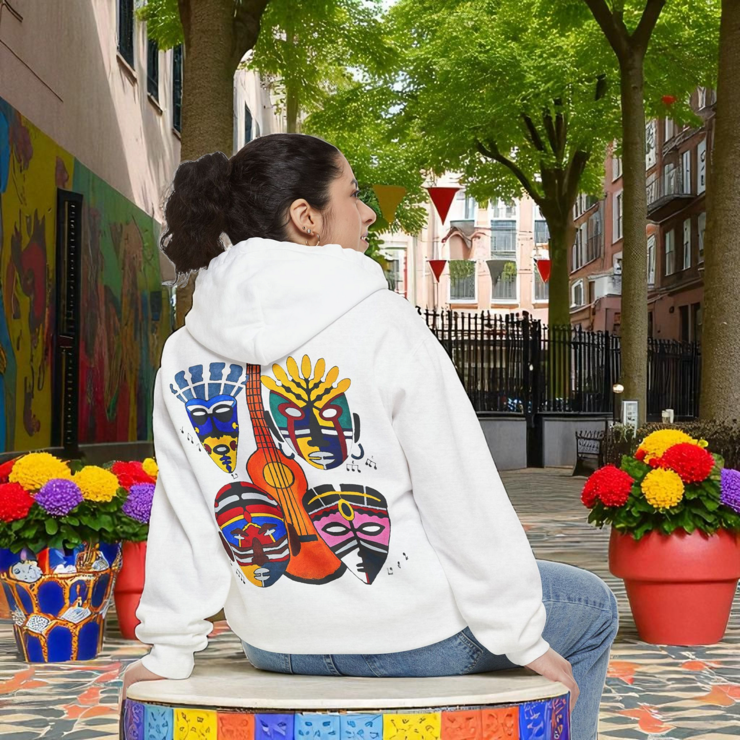 Ethnic Music Art Unisex Garment-Dyed Hoodie, Handcrafted Hooded Sweater