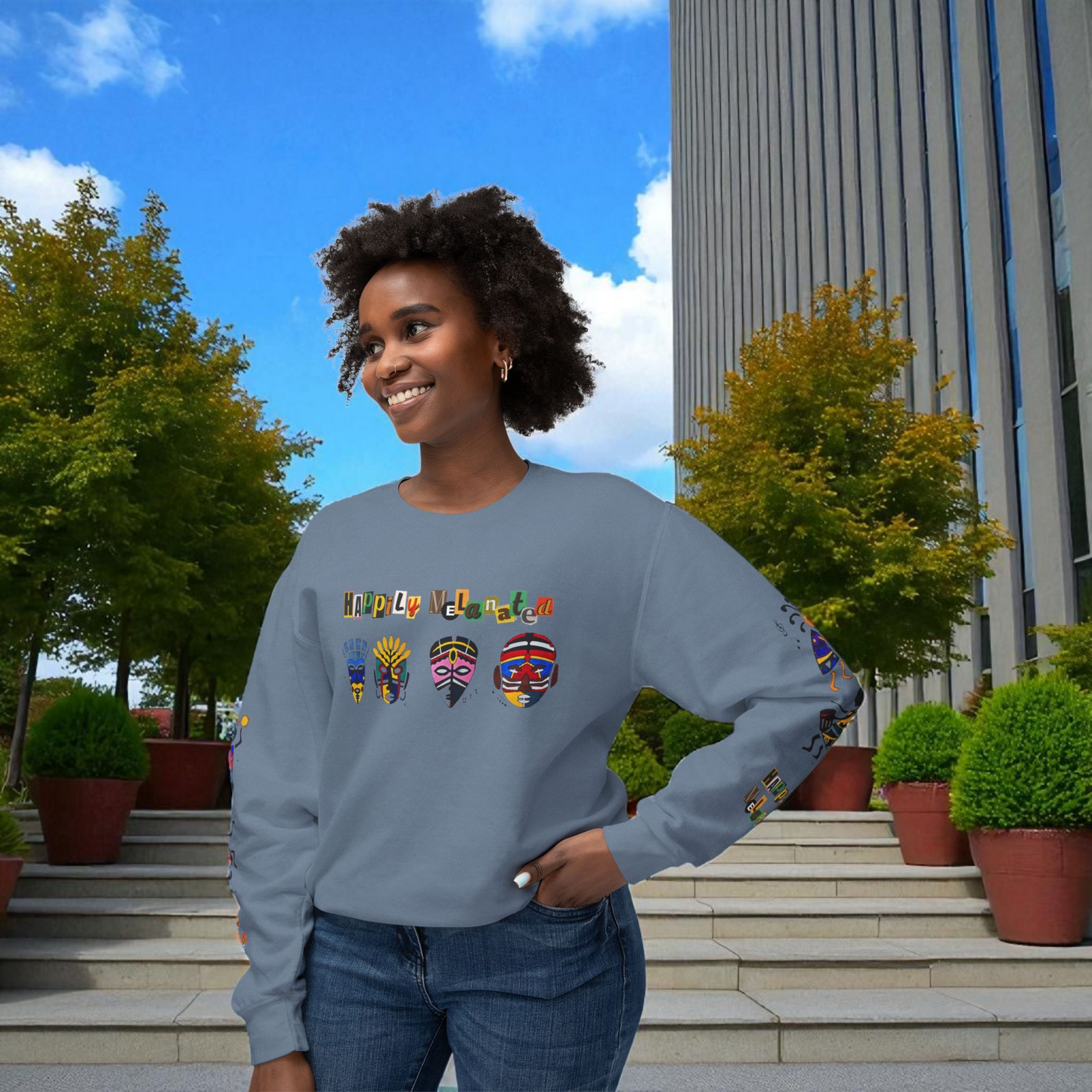 Handcrafted Afro Music Cartoon Graphic Unisex Lightweight Crewneck Sweatshirt