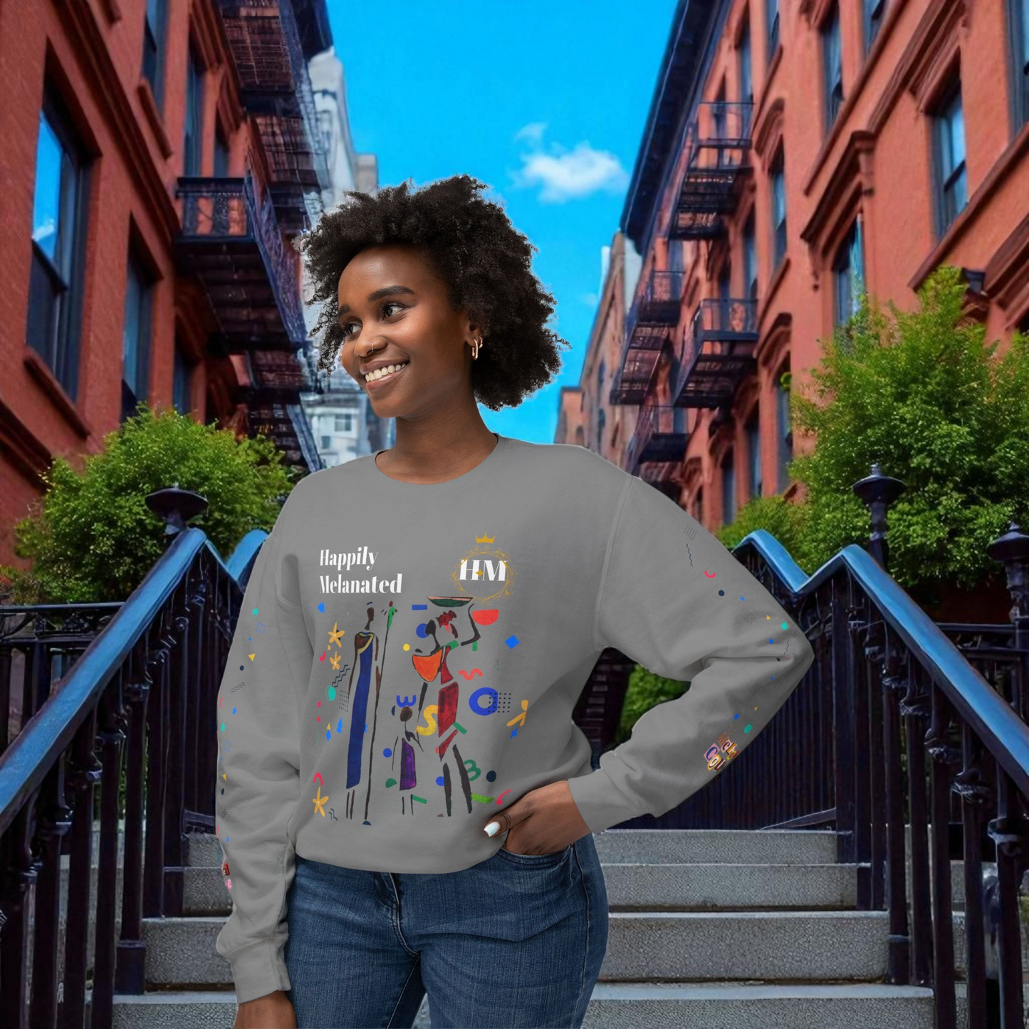 Bold Ethnic Unisex Light Weight Crewneck, Hand-drawn Tribal Family Doodle Design