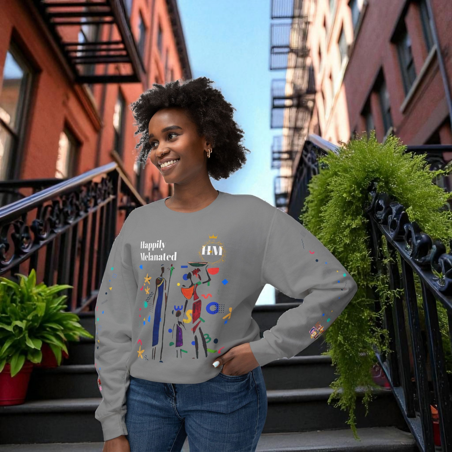 Bold Ethnic Unisex Light Weight Crewneck, Hand-drawn Tribal Family Doodle Design