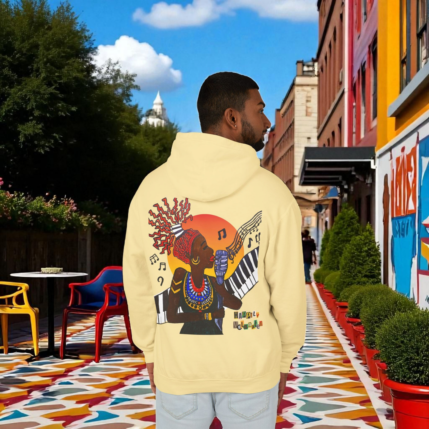 Afrocentric Jazz Music Lightweight Hooded Sweatshirt, Piano Art Graphic, Music Lover Gift