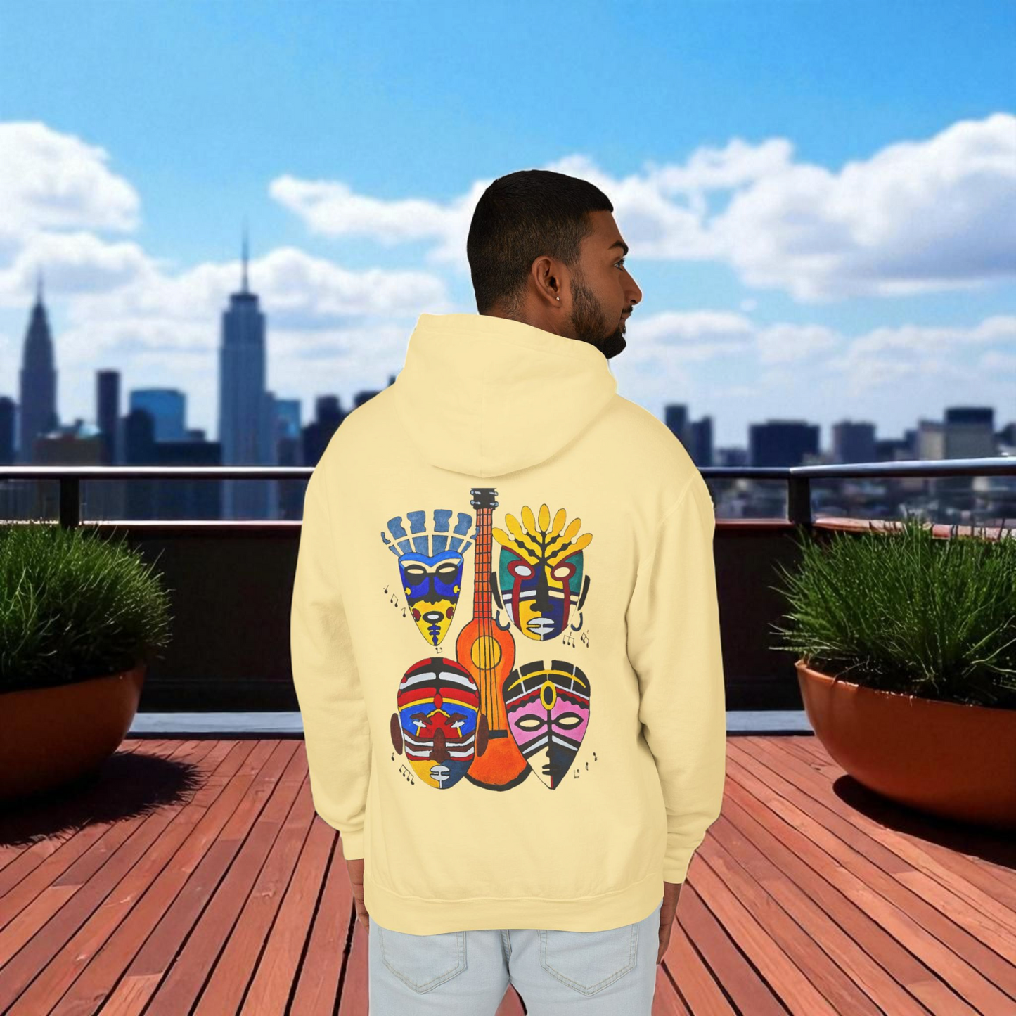 Handcrafted Ethnic Music Art on Unisex Lightweight Hoodie - Music Lover Gift