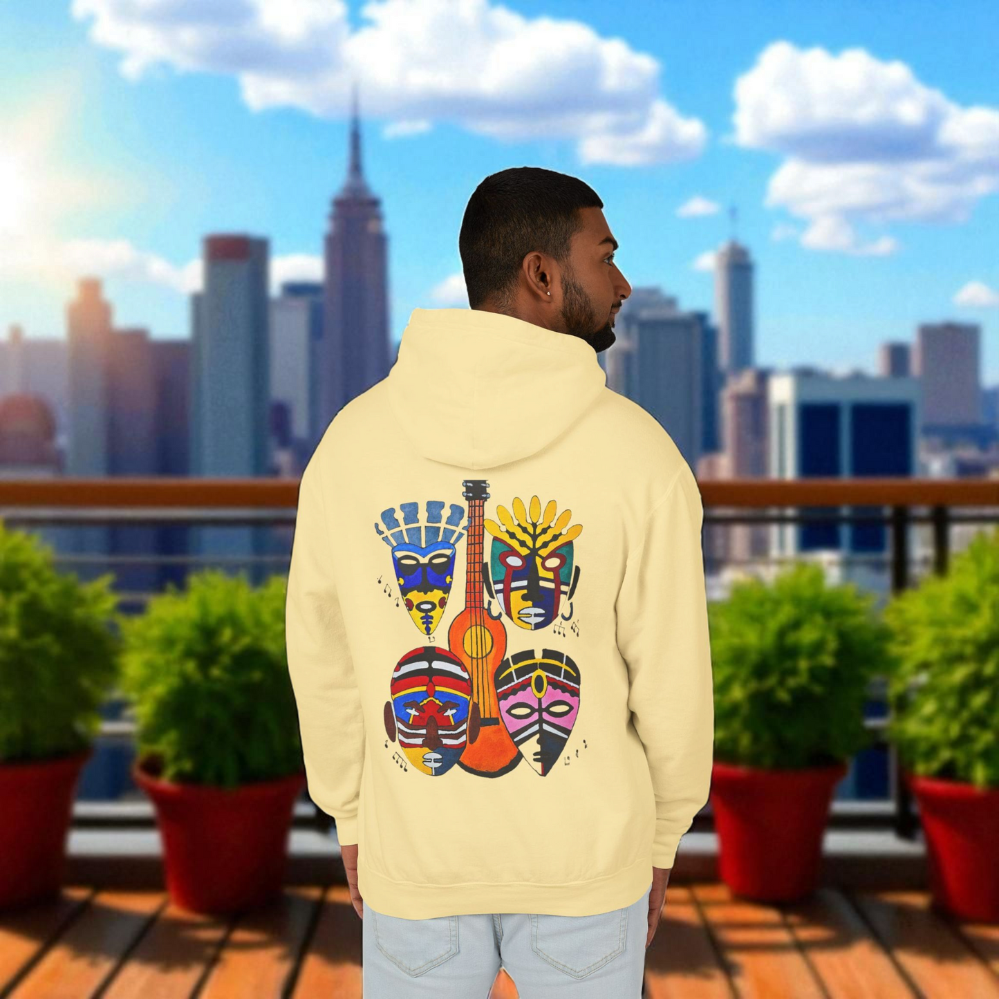 Handcrafted Ethnic Music Art on Unisex Lightweight Hoodie - Music Lover Gift