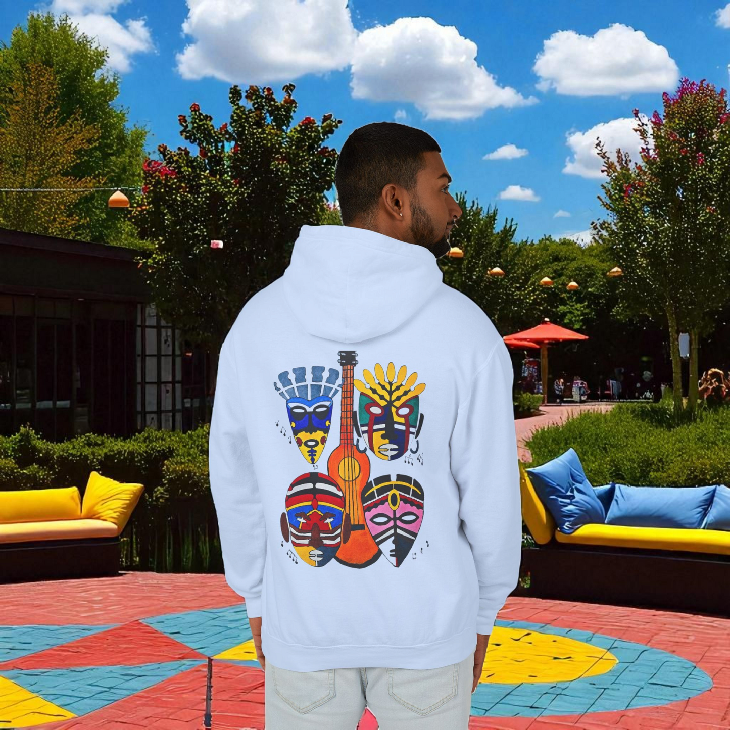 Handcrafted Ethnic Music Art on Unisex Lightweight Hoodie - Music Lover Gift