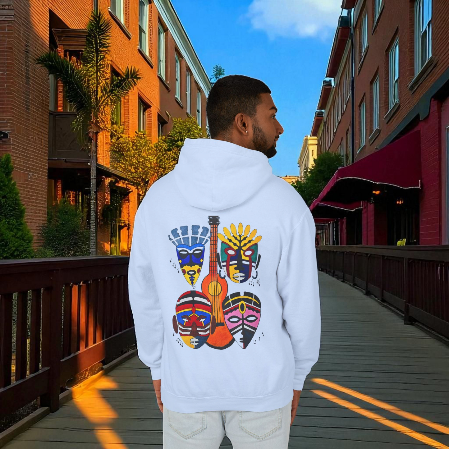 Handcrafted Ethnic Music Art on Unisex Lightweight Hoodie - Music Lover Gift