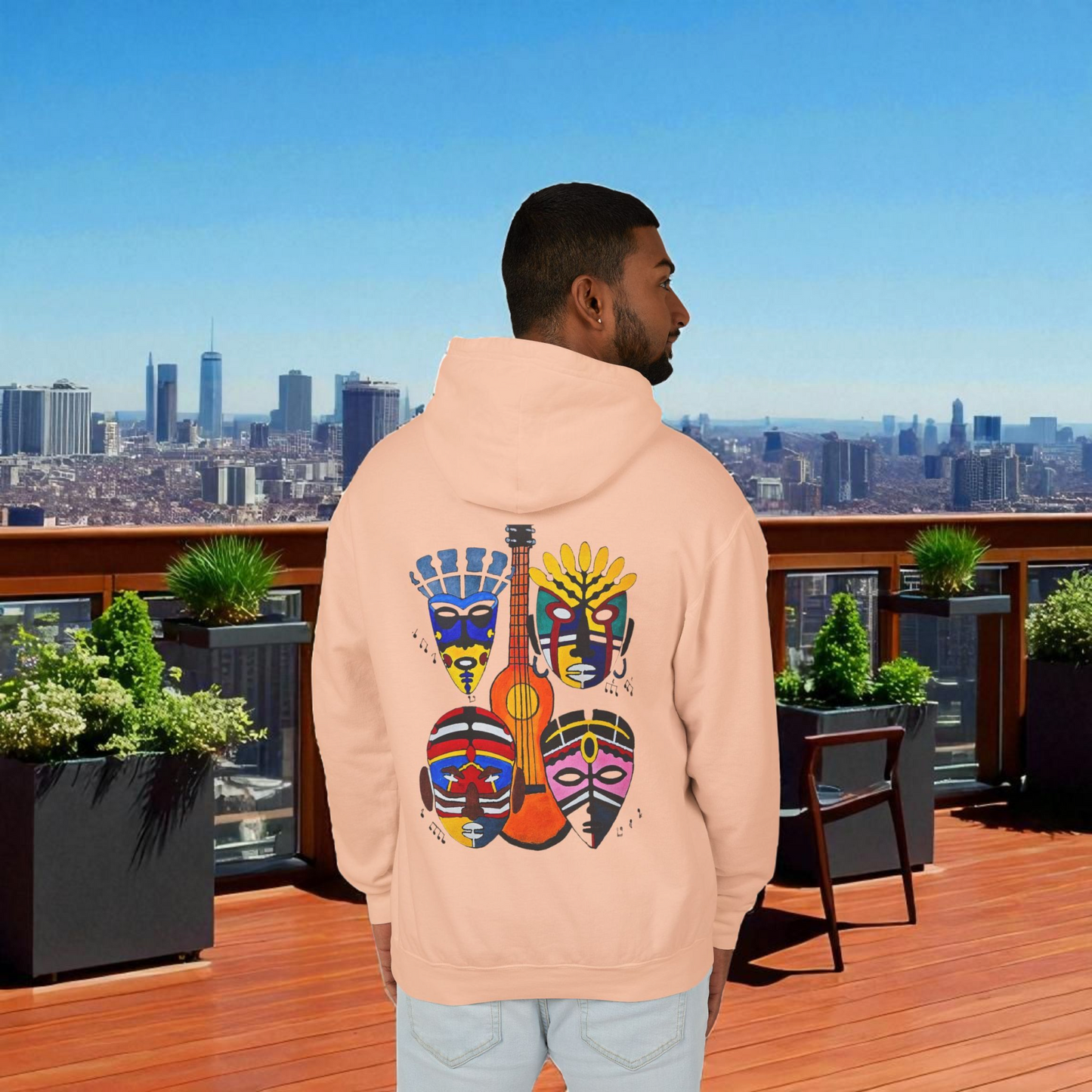 Handcrafted Ethnic Music Art on Unisex Lightweight Hoodie - Music Lover Gift