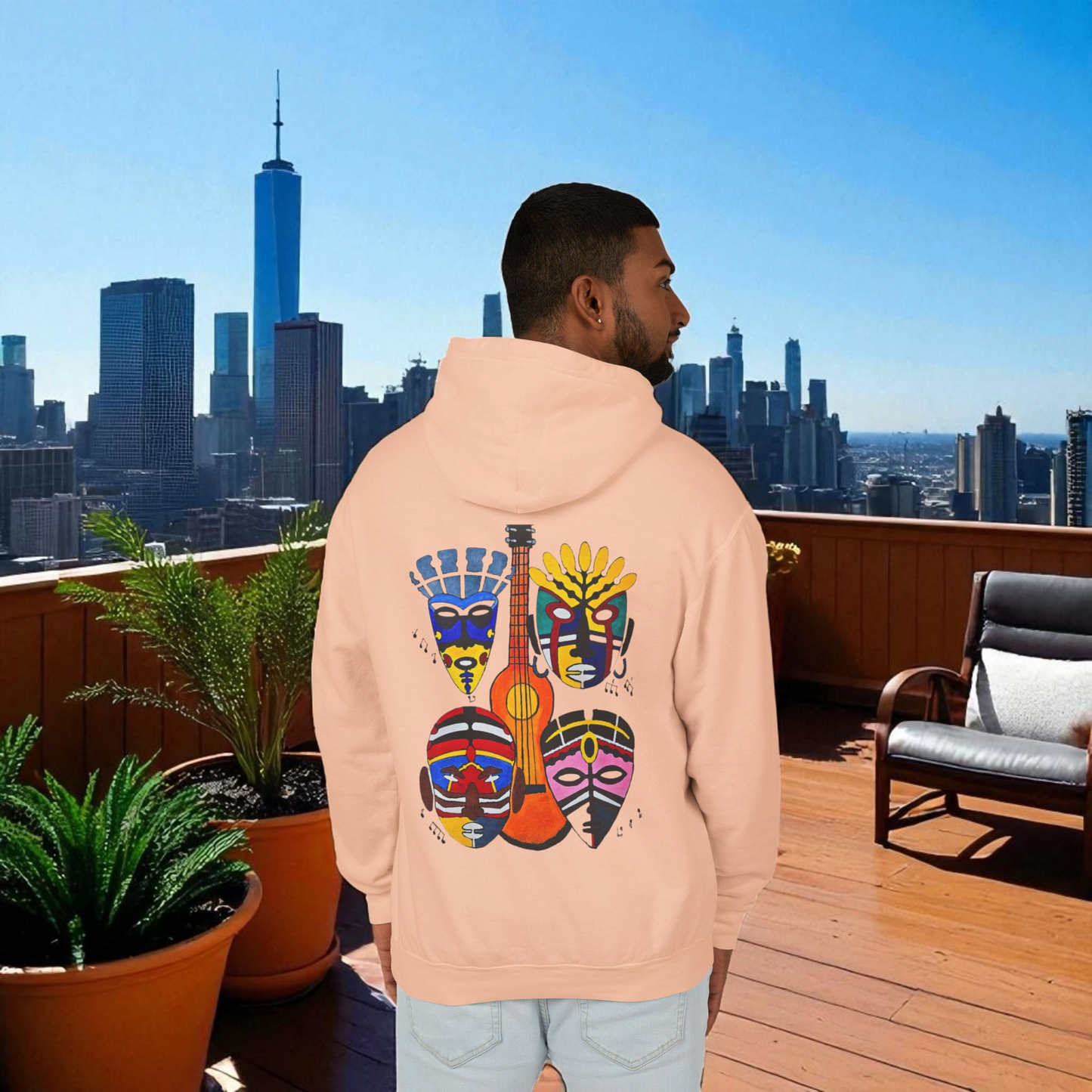 Handcrafted Ethnic Music Art on Unisex Lightweight Hoodie - Music Lover Gift