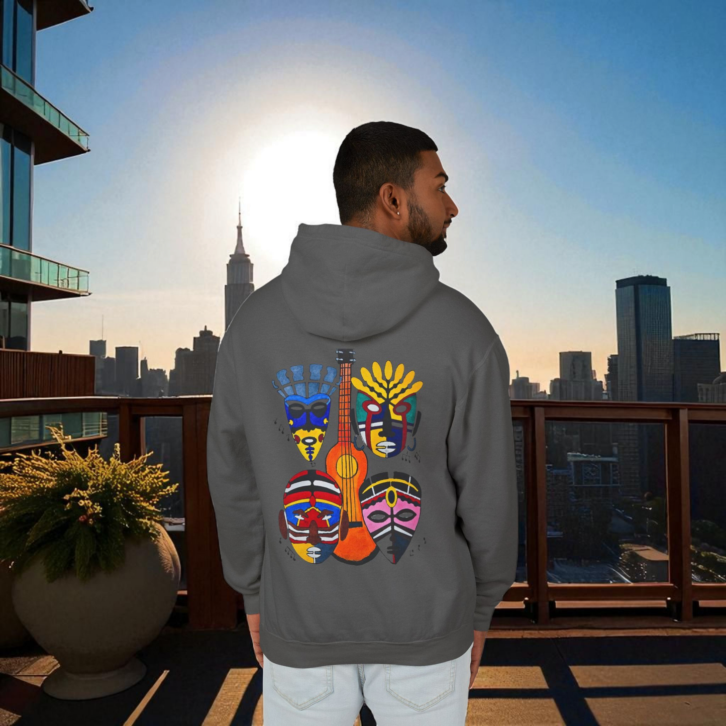 Handcrafted Ethnic Music Art on Unisex Lightweight Hoodie - Music Lover Gift