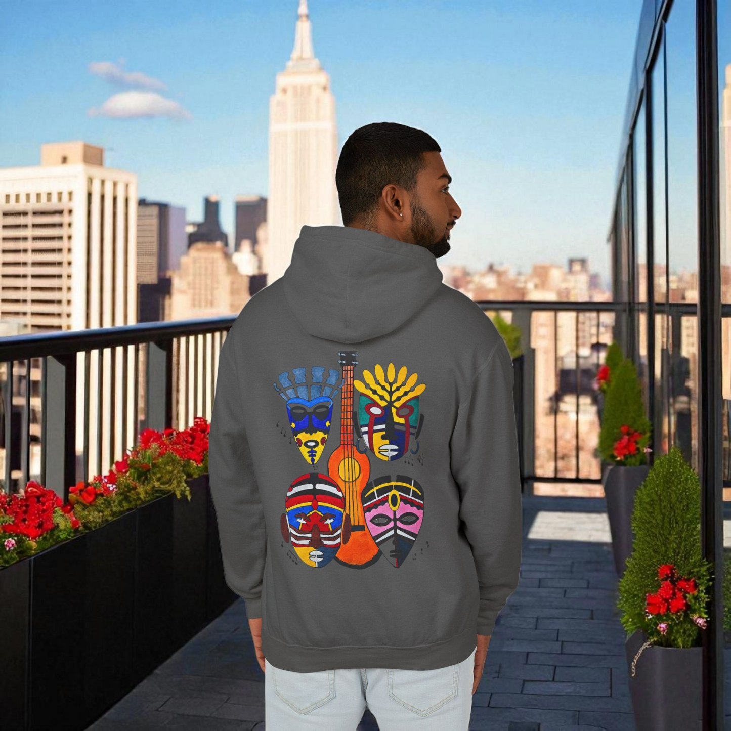 Handcrafted Ethnic Music Art on Unisex Lightweight Hoodie - Music Lover Gift