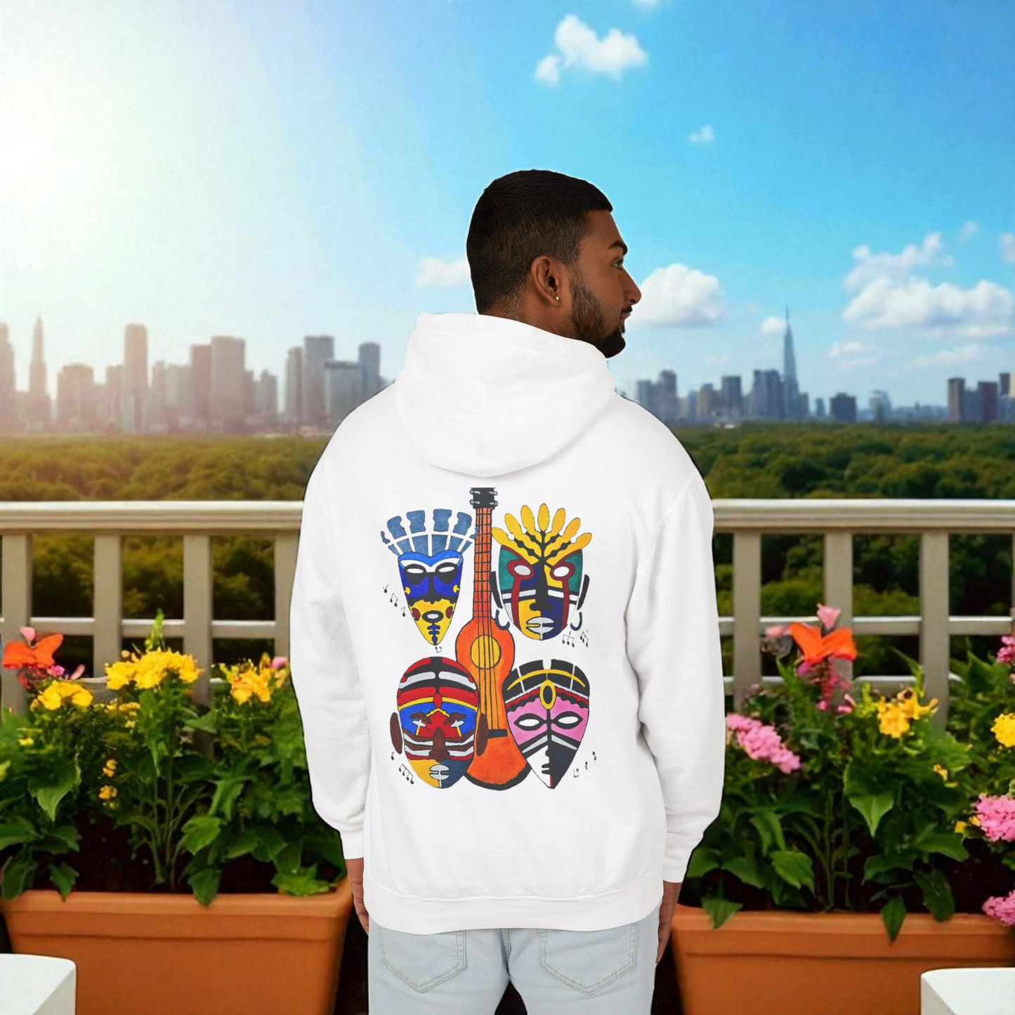 Handcrafted Ethnic Music Art on Unisex Lightweight Hoodie - Music Lover Gift