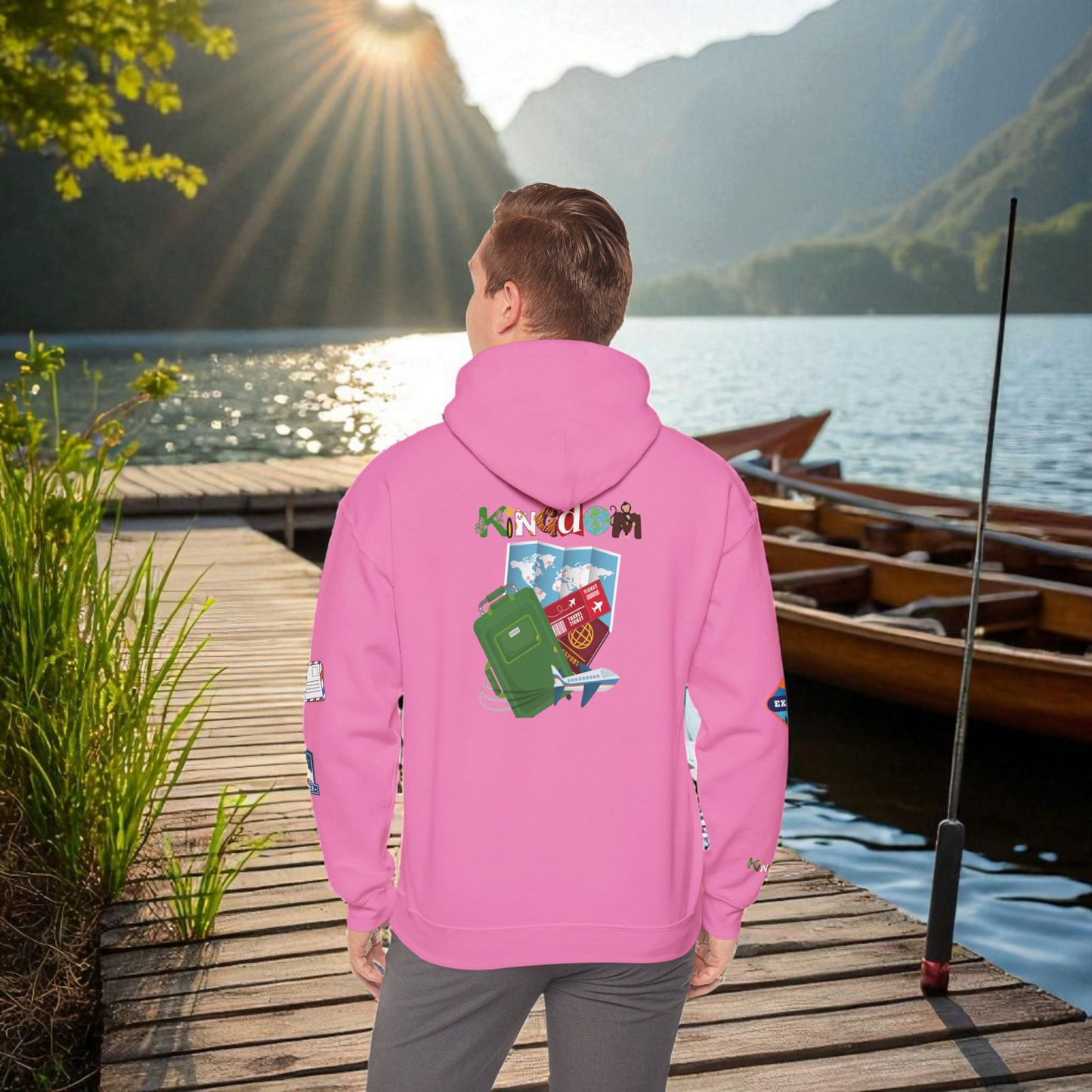 Travel Badge Graphic Hoodie, Wanderlust Sweatshirt, Vacation Inspired Pullover