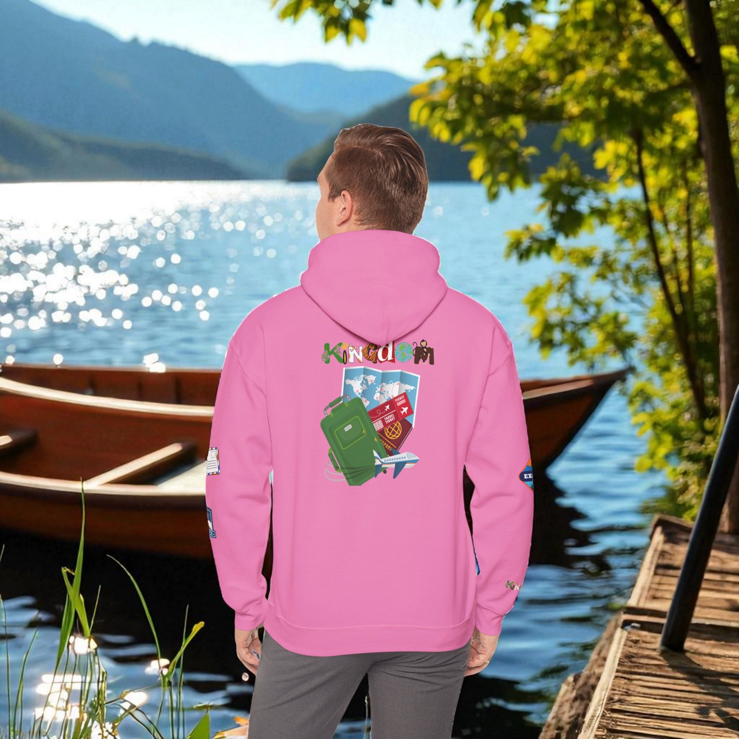Travel Badge Graphic Hoodie, Wanderlust Sweatshirt, Vacation Inspired Pullover