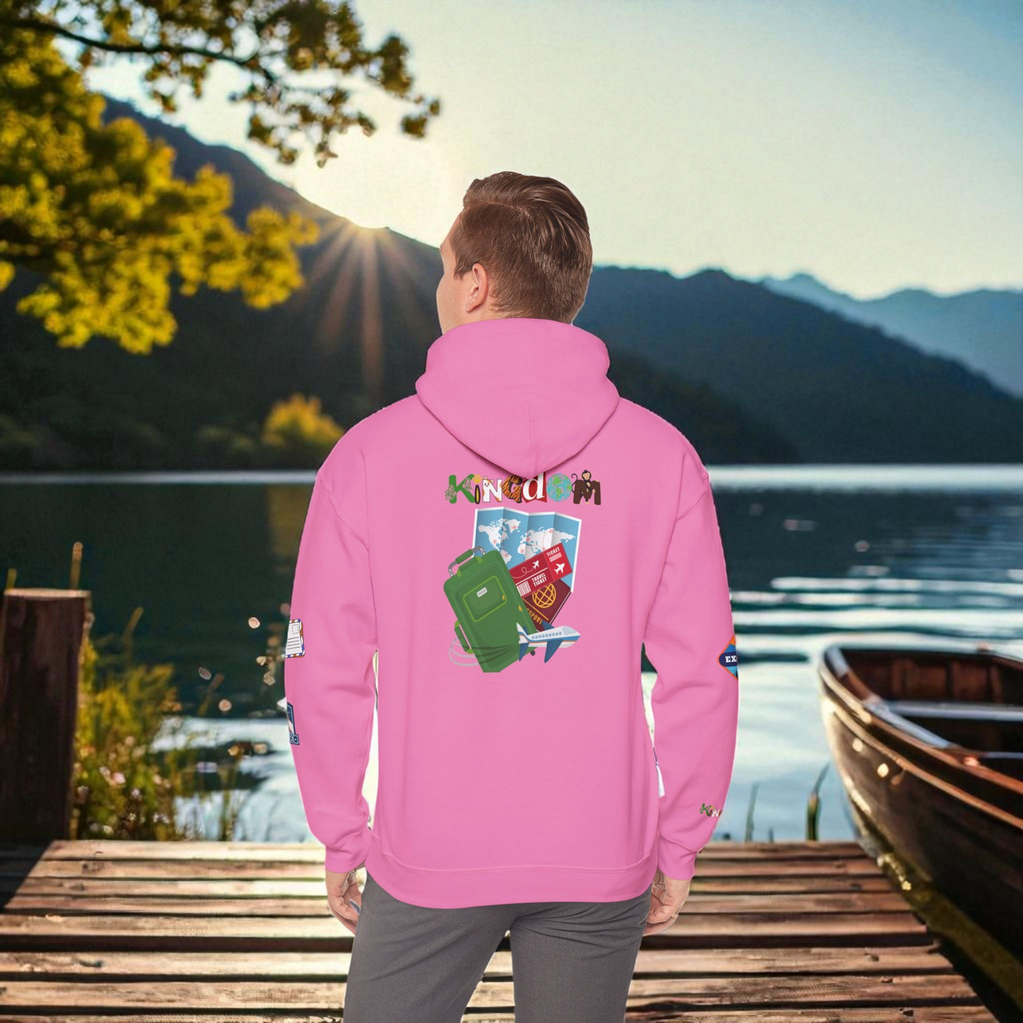 Travel Badge Graphic Hoodie, Wanderlust Sweatshirt, Vacation Inspired Pullover