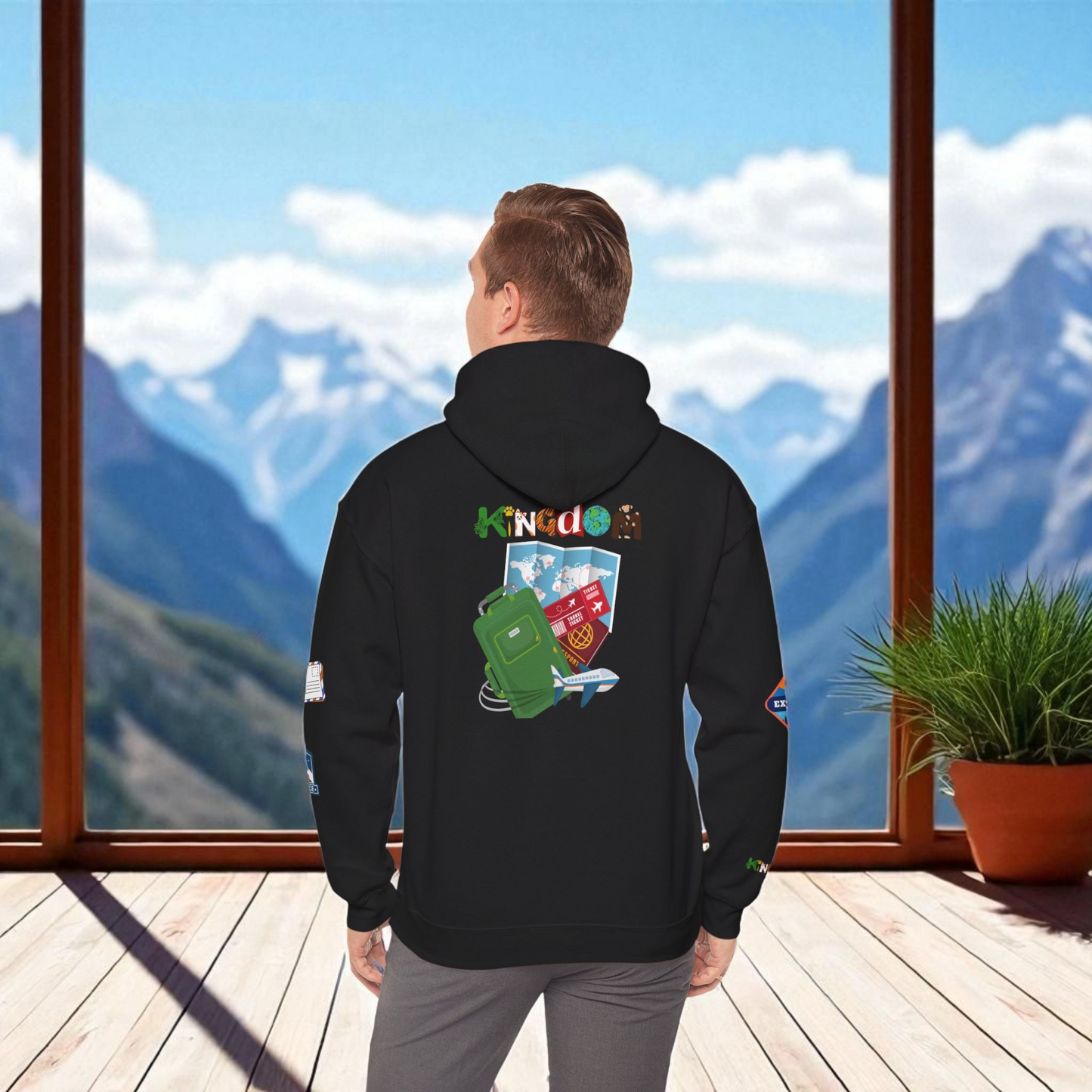Travel Badge Graphic Hoodie, Wanderlust Sweatshirt, Vacation Inspired Pullover