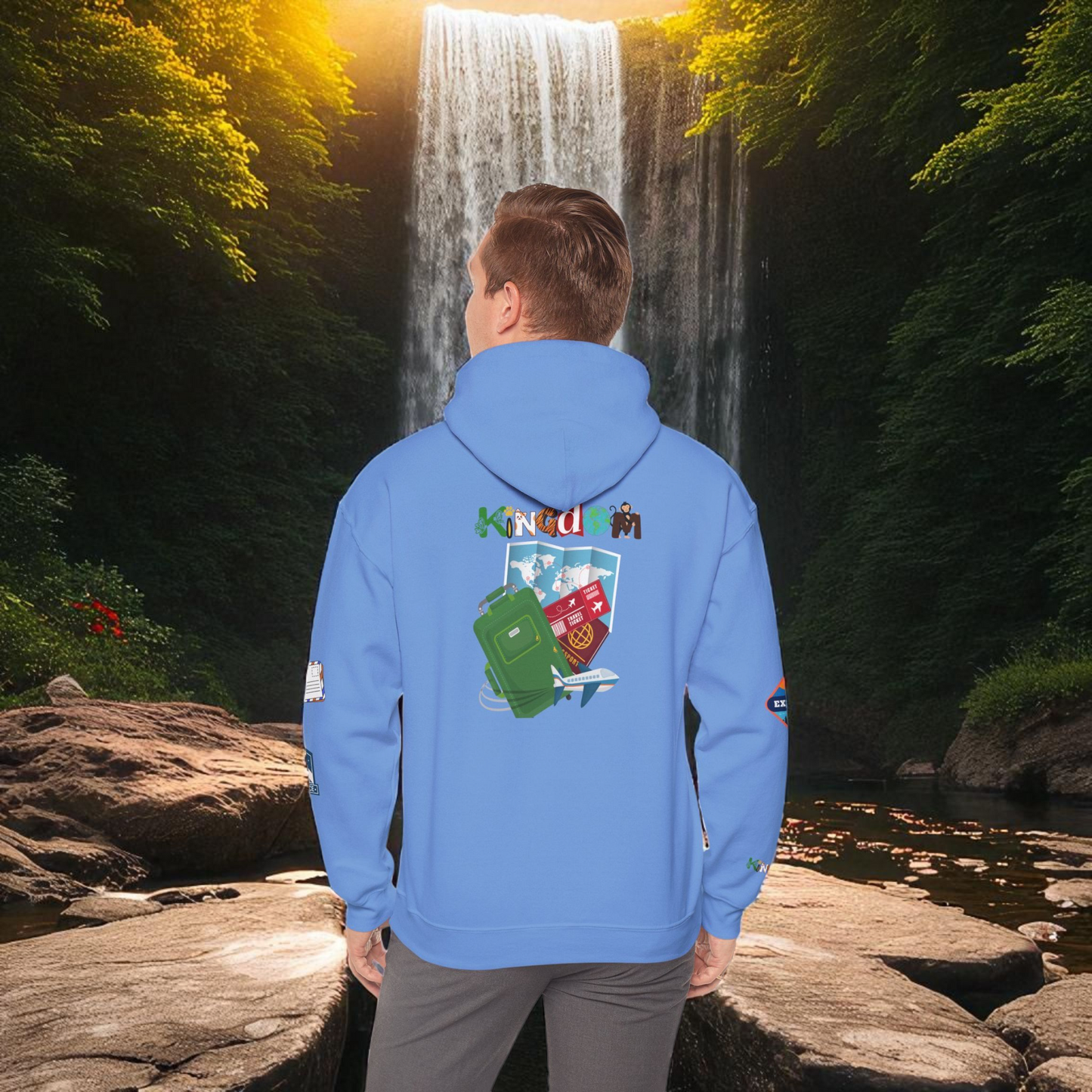 Travel Badge Graphic Hoodie, Wanderlust Sweatshirt, Vacation Inspired Pullover