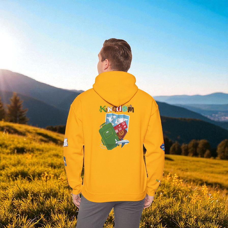Travel Badge Graphic Hoodie, Wanderlust Sweatshirt, Vacation Inspired Pullover