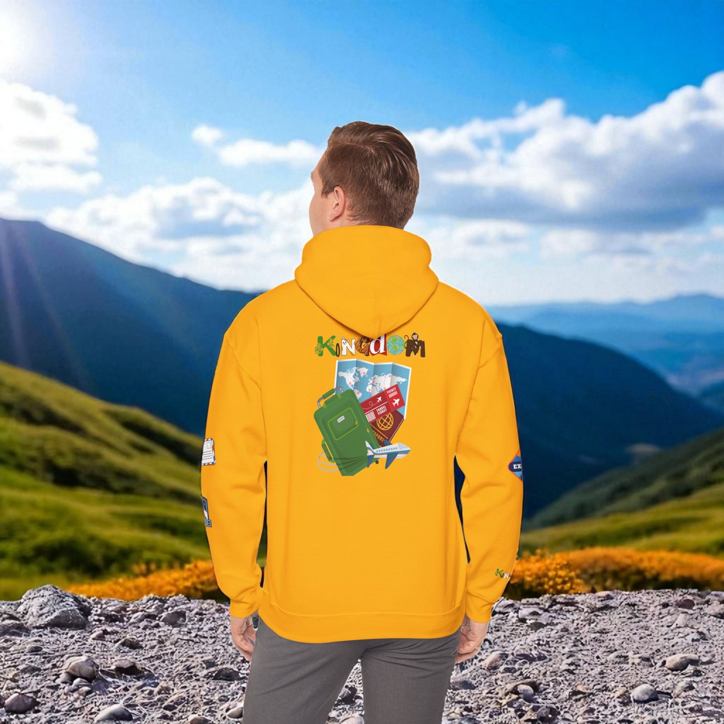 Travel Badge Graphic Hoodie, Wanderlust Sweatshirt, Vacation Inspired Pullover