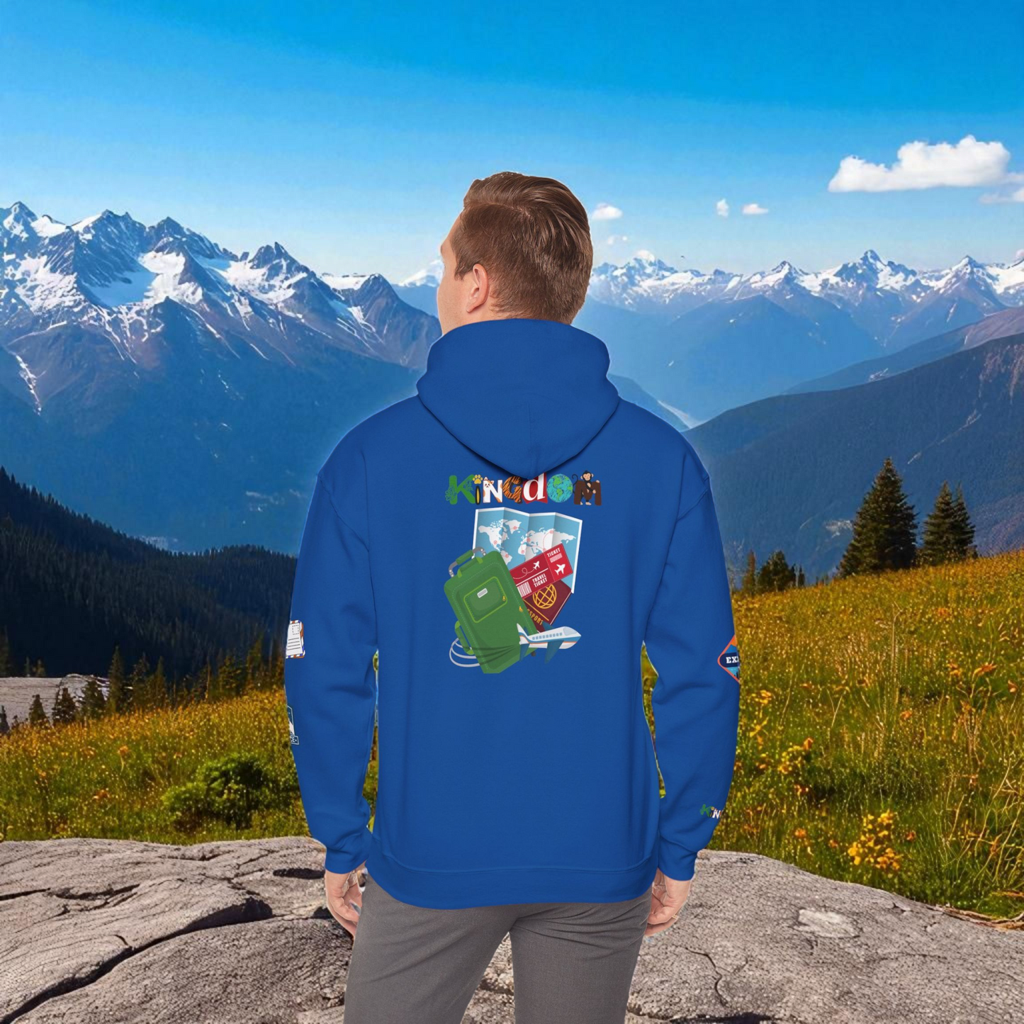 Travel Badge Graphic Hoodie, Wanderlust Sweatshirt, Vacation Inspired Pullover