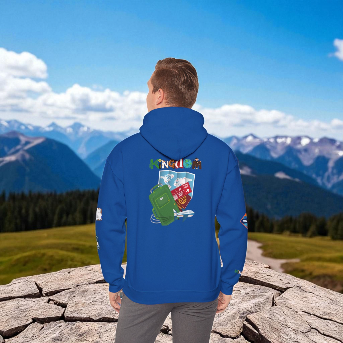 Travel Badge Graphic Hoodie, Wanderlust Sweatshirt, Vacation Inspired Pullover