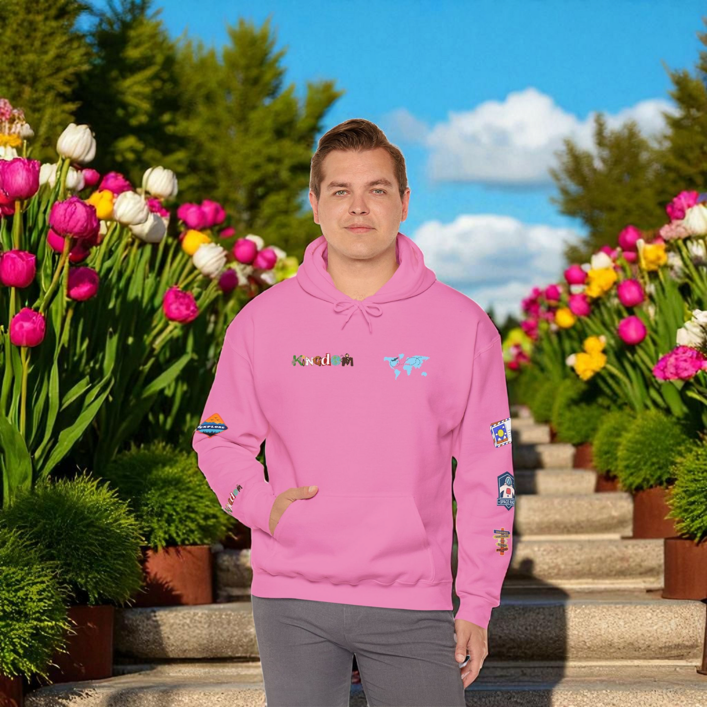 Travel Badge Graphic Hoodie, Wanderlust Sweatshirt, Vacation Inspired Pullover