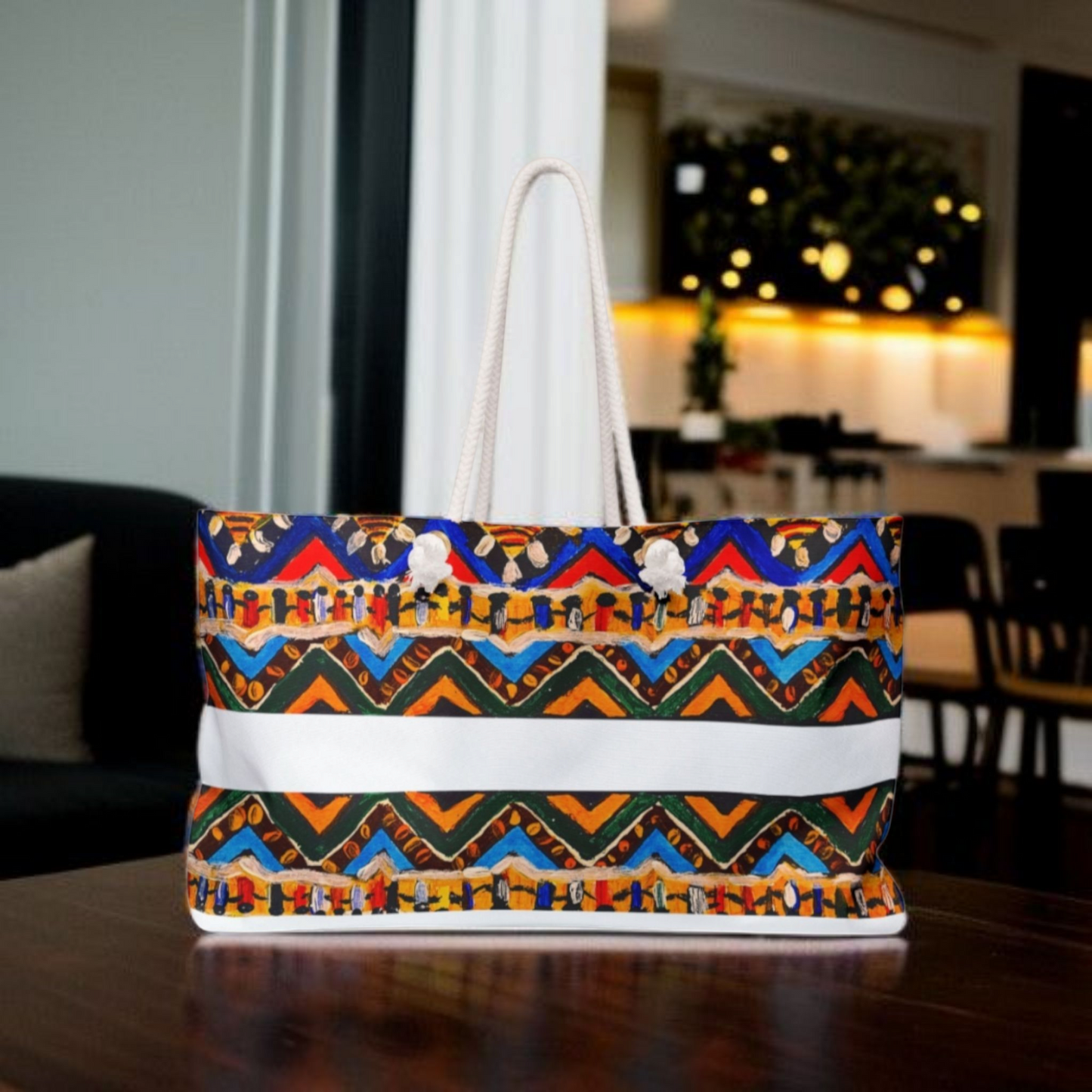 Artisan Aztec Textile Weekender Bag - Oversized, Durable Tote with Rope Handles