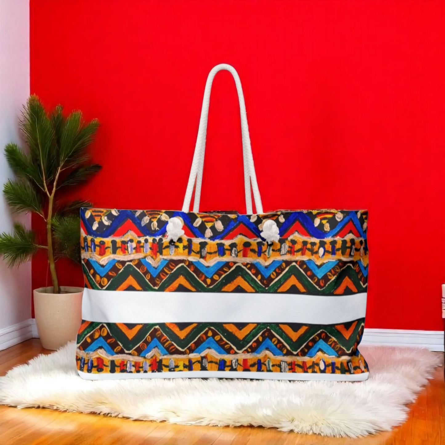 Artisan Aztec Textile Weekender Bag - Oversized, Durable Tote with Rope Handles