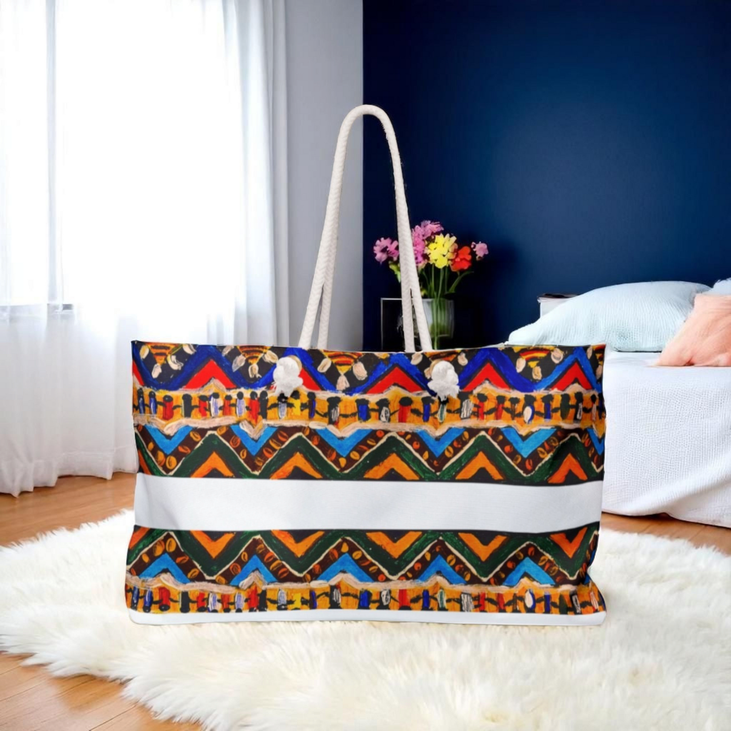 Artisan Aztec Textile Weekender Bag - Oversized, Durable Tote with Rope Handles
