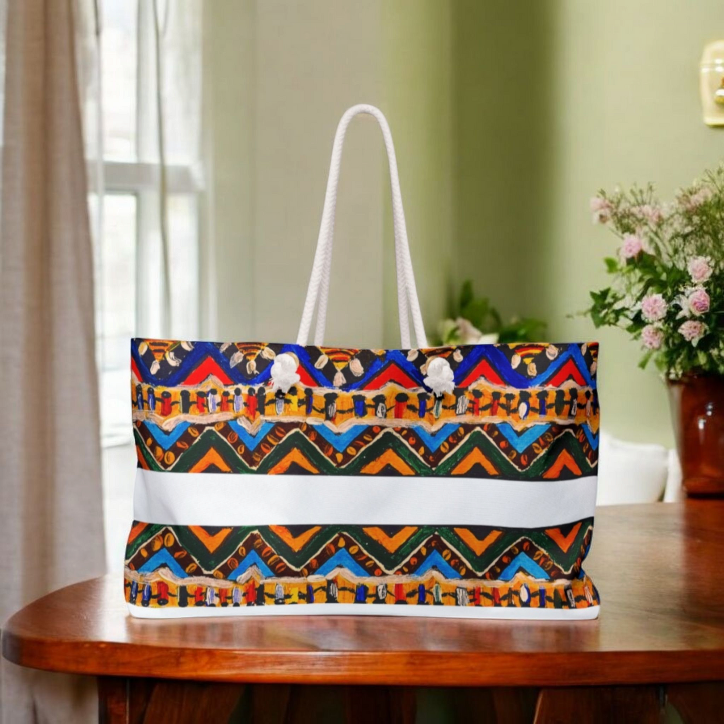Artisan Aztec Textile Weekender Bag - Oversized, Durable Tote with Rope Handles