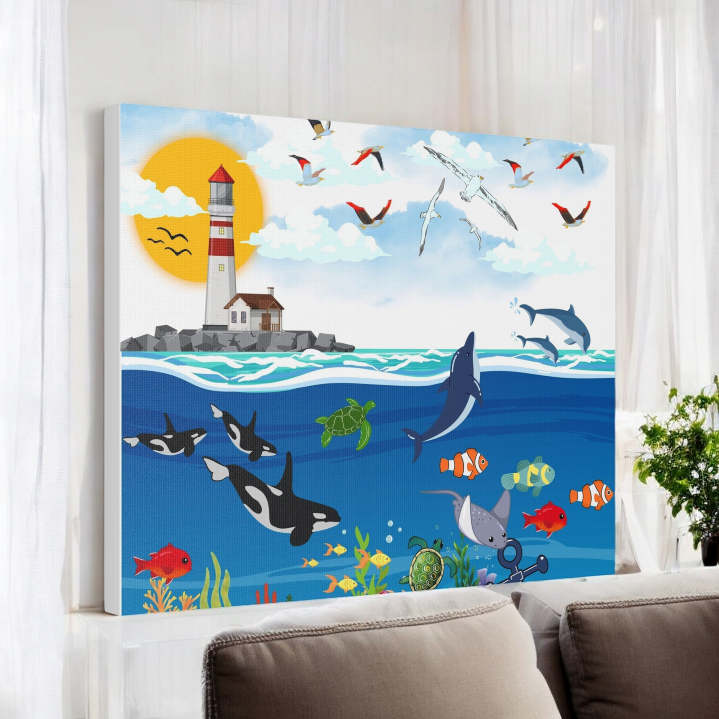 Ocean Symphony Canvas Gallery Wraps, Aquatic Wall Art, Orca Dolphin Decor