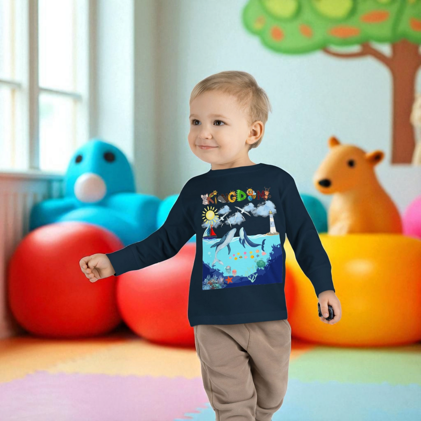 Whale Cartoon Graphic Toddler Tee, Kids Long Sleeve Shirt, Ocean Animal Children's Clothing