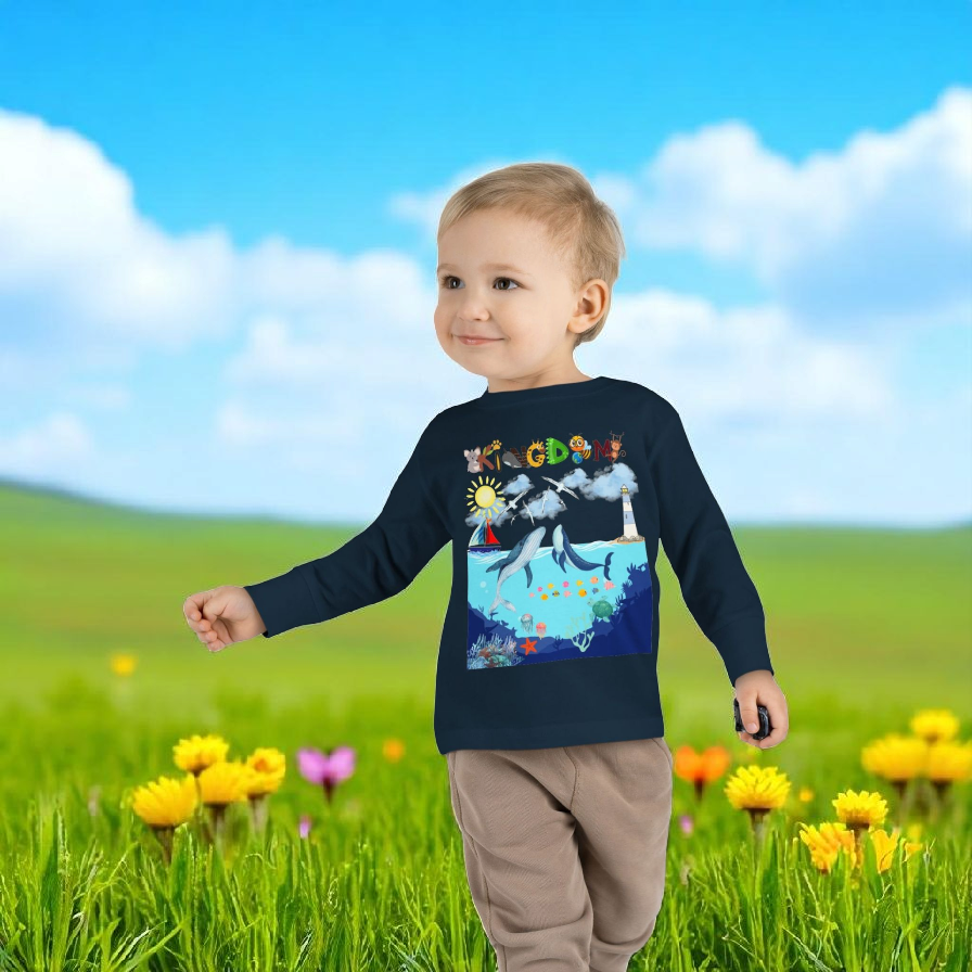 Whale Cartoon Graphic Toddler Tee, Kids Long Sleeve Shirt, Ocean Animal Children's Clothing
