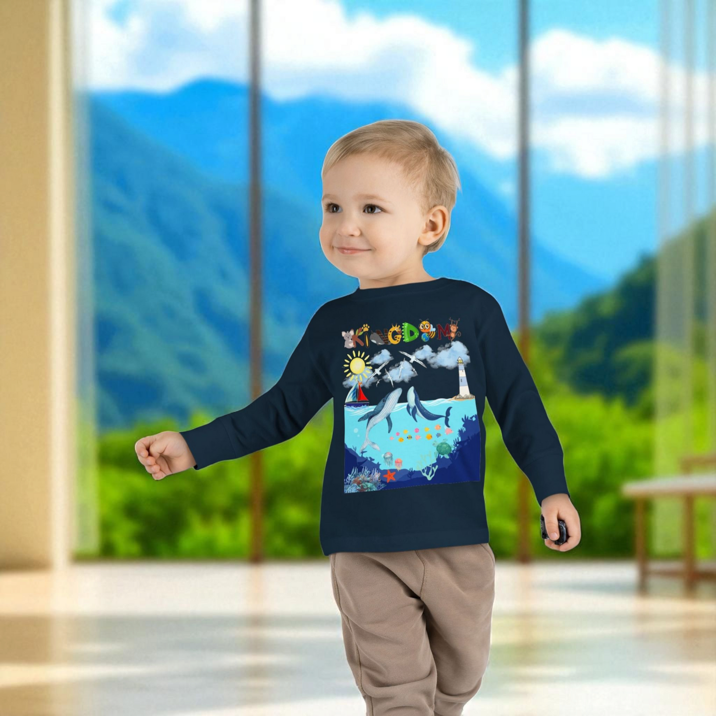 Whale Cartoon Graphic Toddler Tee, Kids Long Sleeve Shirt, Ocean Animal Children's Clothing