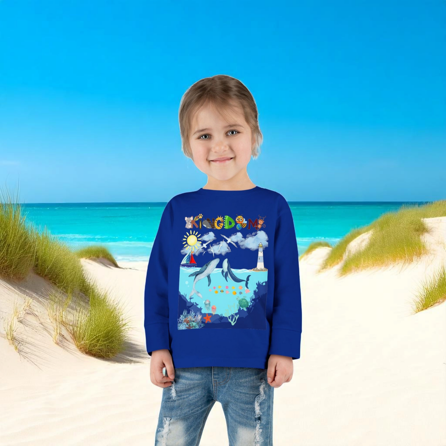 Whale Cartoon Graphic Toddler Tee, Kids Long Sleeve Shirt, Ocean Animal Children's Clothing
