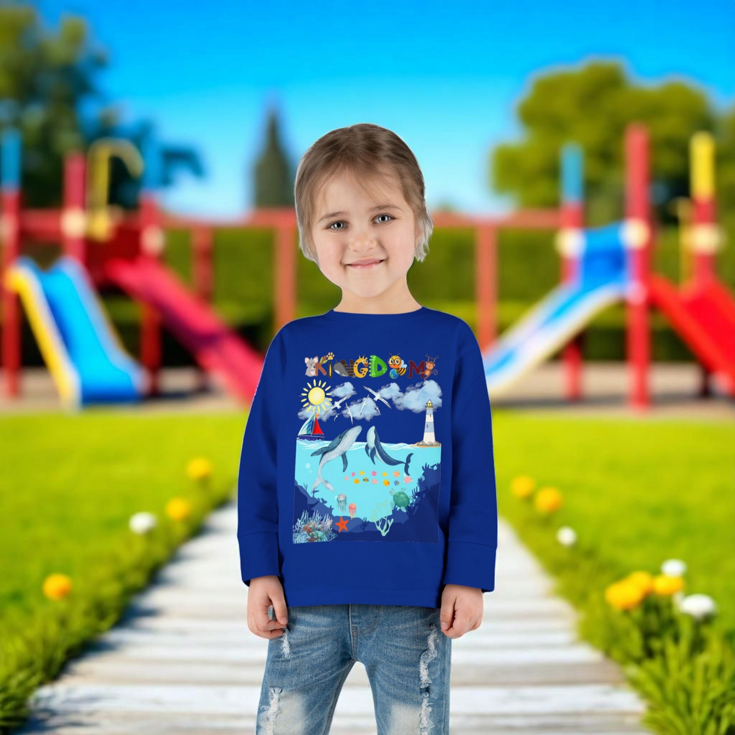 Whale Cartoon Graphic Toddler Tee, Kids Long Sleeve Shirt, Ocean Animal Children's Clothing